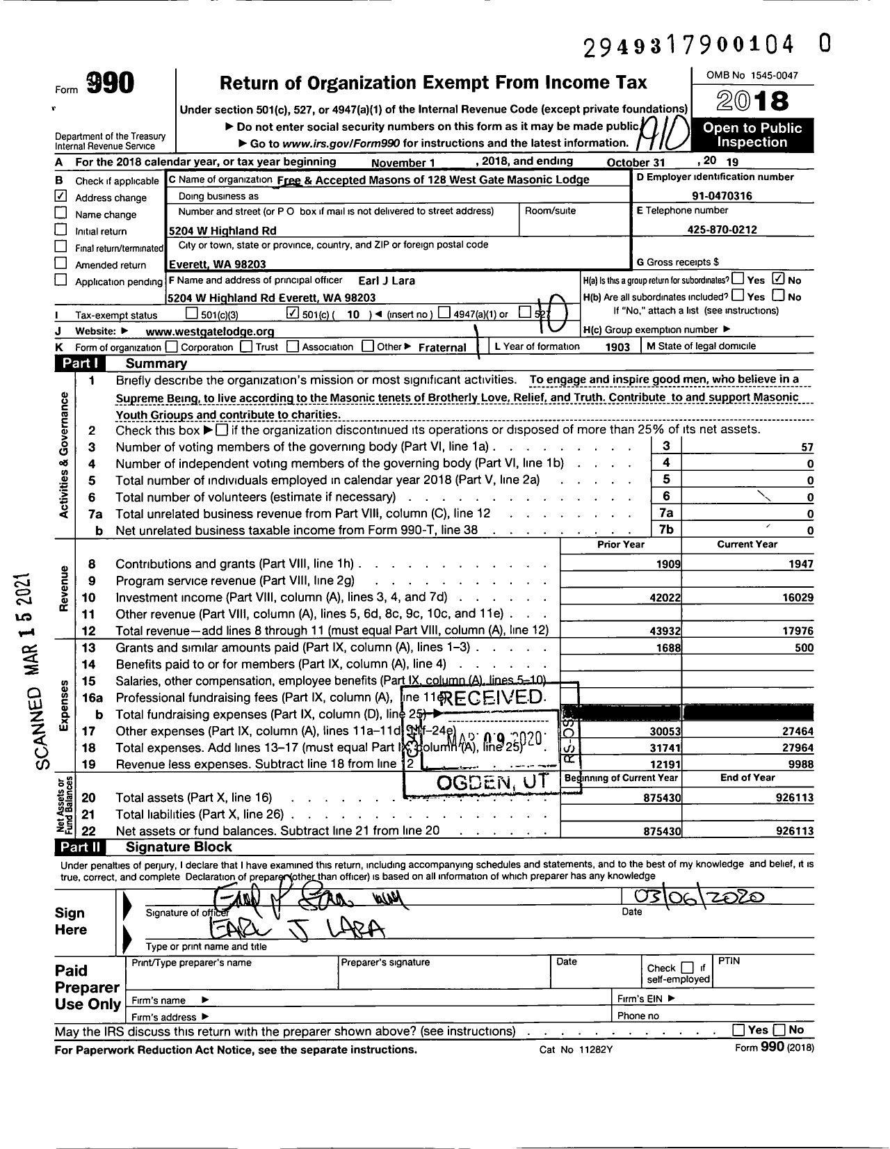 Image of first page of 2018 Form 990O for Free & Accepted Masons of Washington - 128 WEST GATE Masonic LODGE