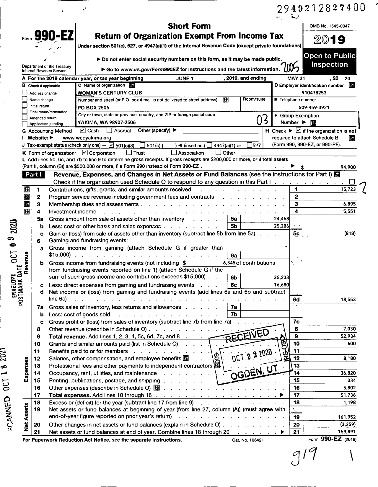 Image of first page of 2019 Form 990EZ for Women's Century Club