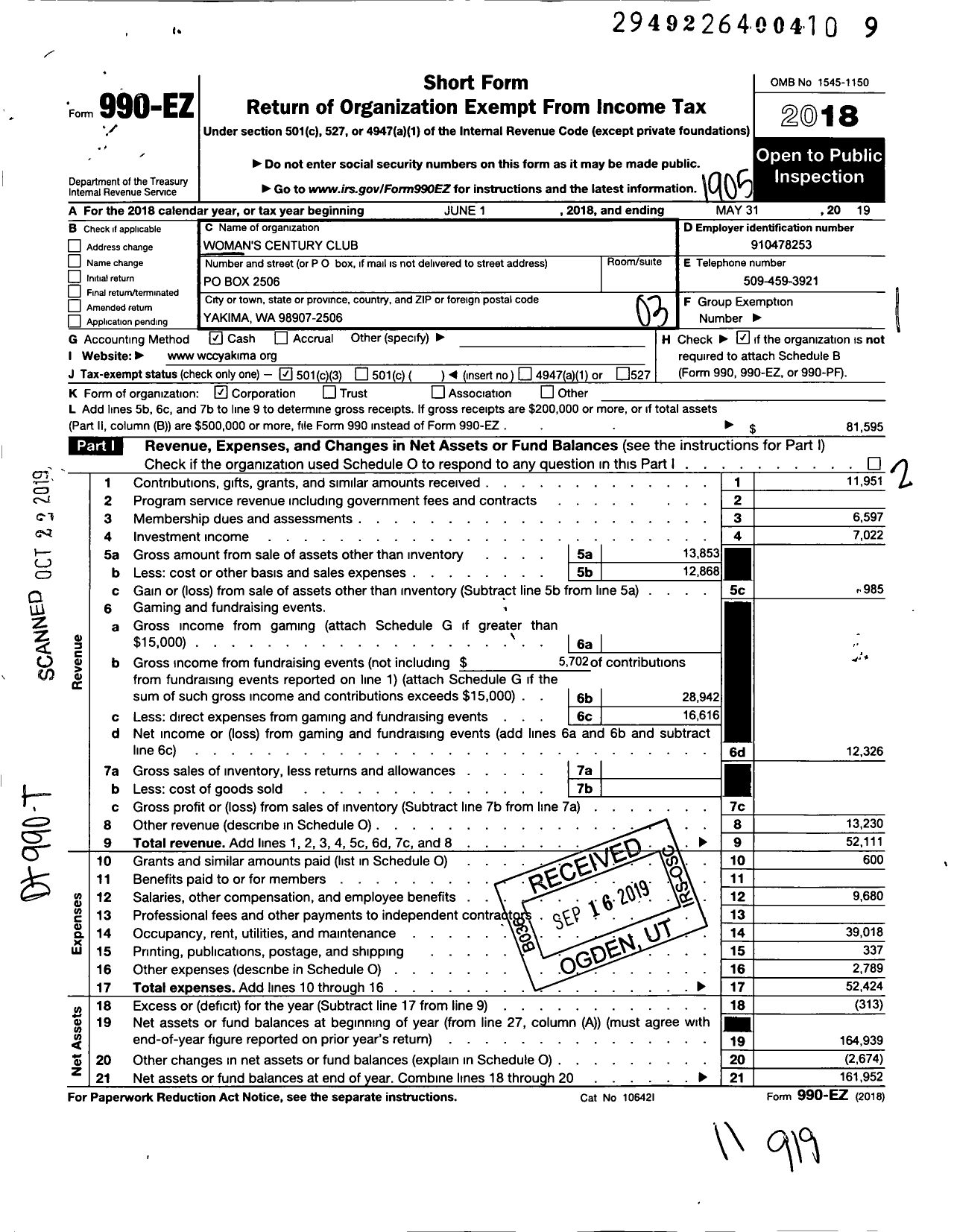 Image of first page of 2018 Form 990EZ for Women's Century Club