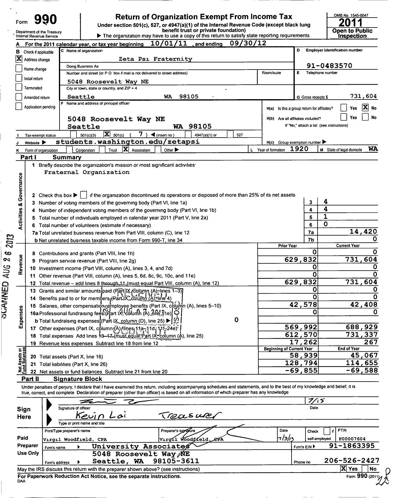 Image of first page of 2011 Form 990O for Zeta Psi Fraternity of North Phi Lambda Chapter