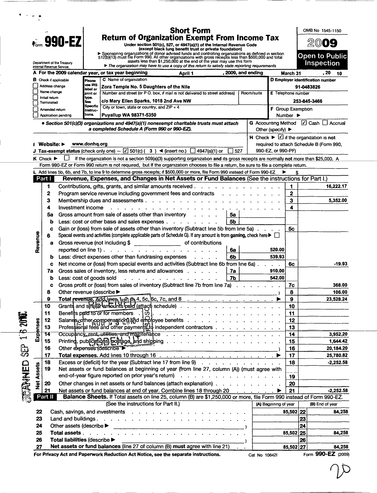 Image of first page of 2009 Form 990EZ for Daughters of the Nile - 5 Zora