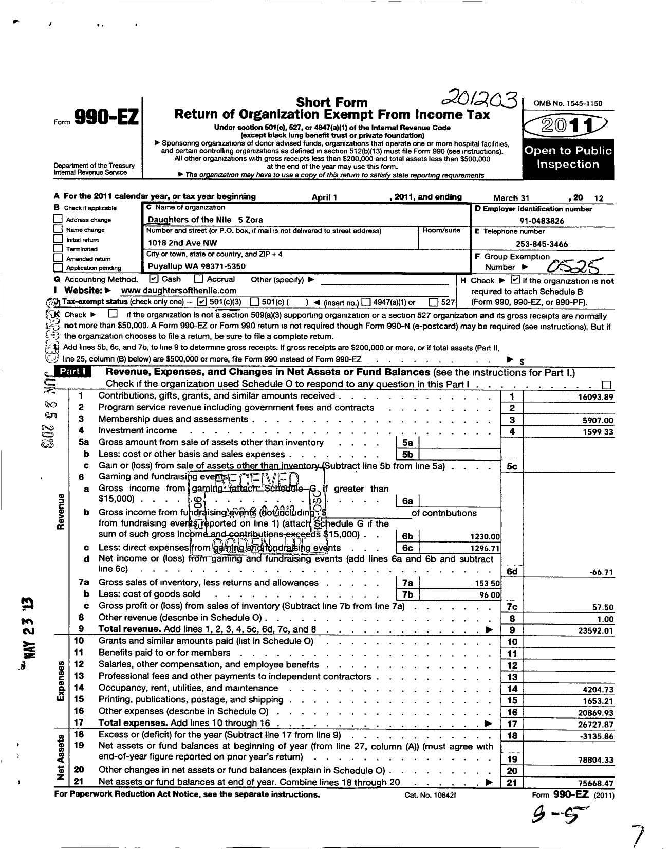 Image of first page of 2011 Form 990EZ for Daughters of the Nile - 5 Zora