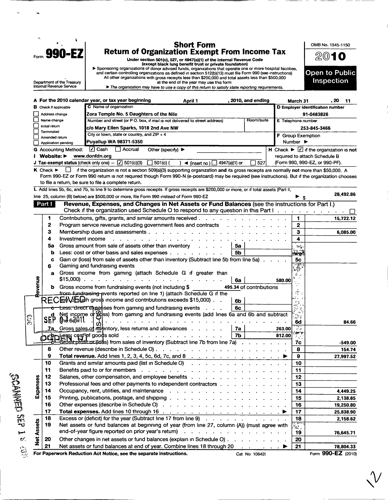 Image of first page of 2010 Form 990EZ for Daughters of the Nile - 5 Zora