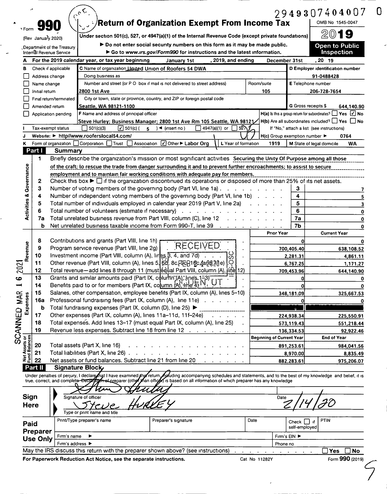 Image of first page of 2019 Form 990O for United Union of Roofers, Waterproofers and Allied Workers - Roofers Local 54