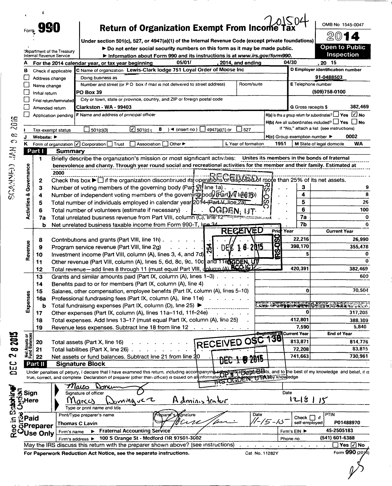 Image of first page of 2014 Form 990O for Loyal Order of Moose - 751