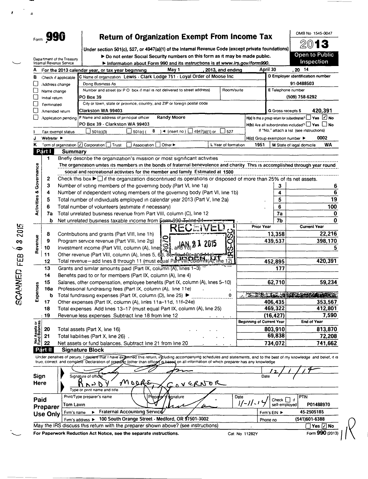 Image of first page of 2013 Form 990O for Loyal Order of Moose - 751
