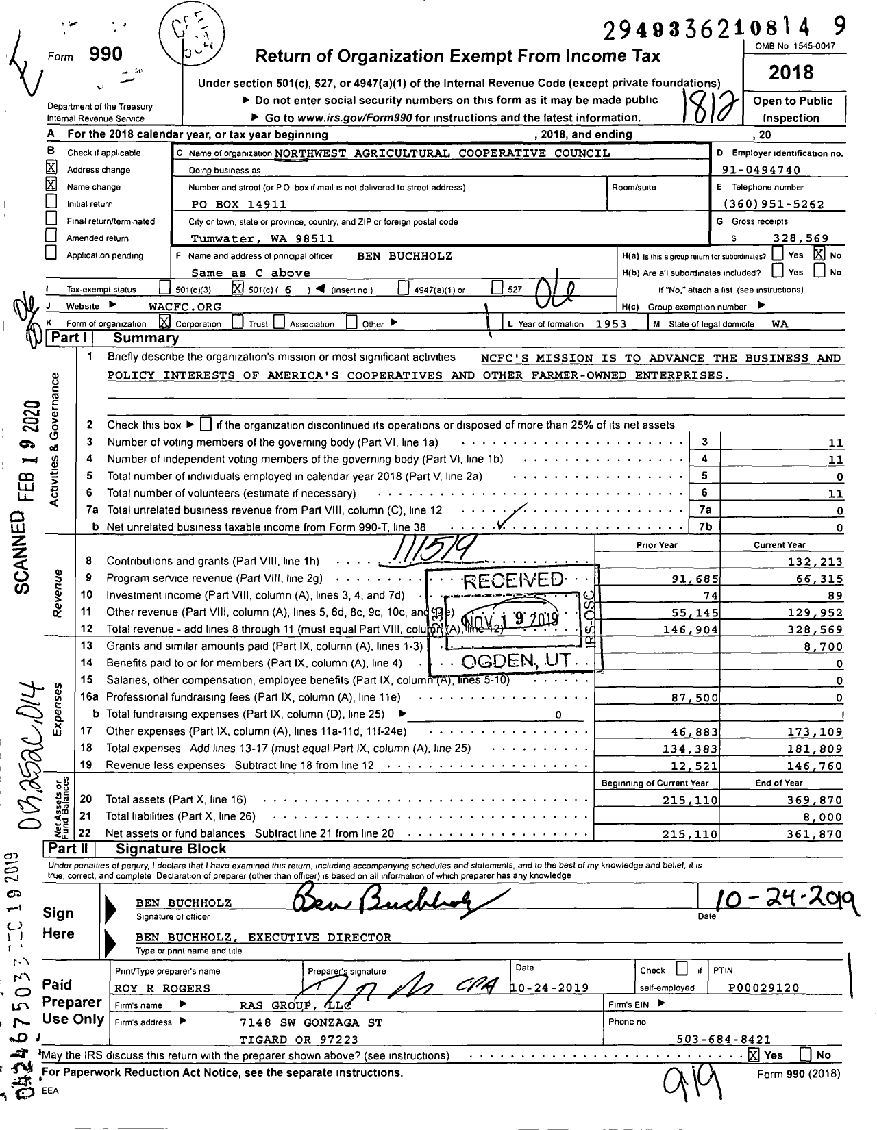 Image of first page of 2018 Form 990O for Northwest Agricultural Cooperative Council