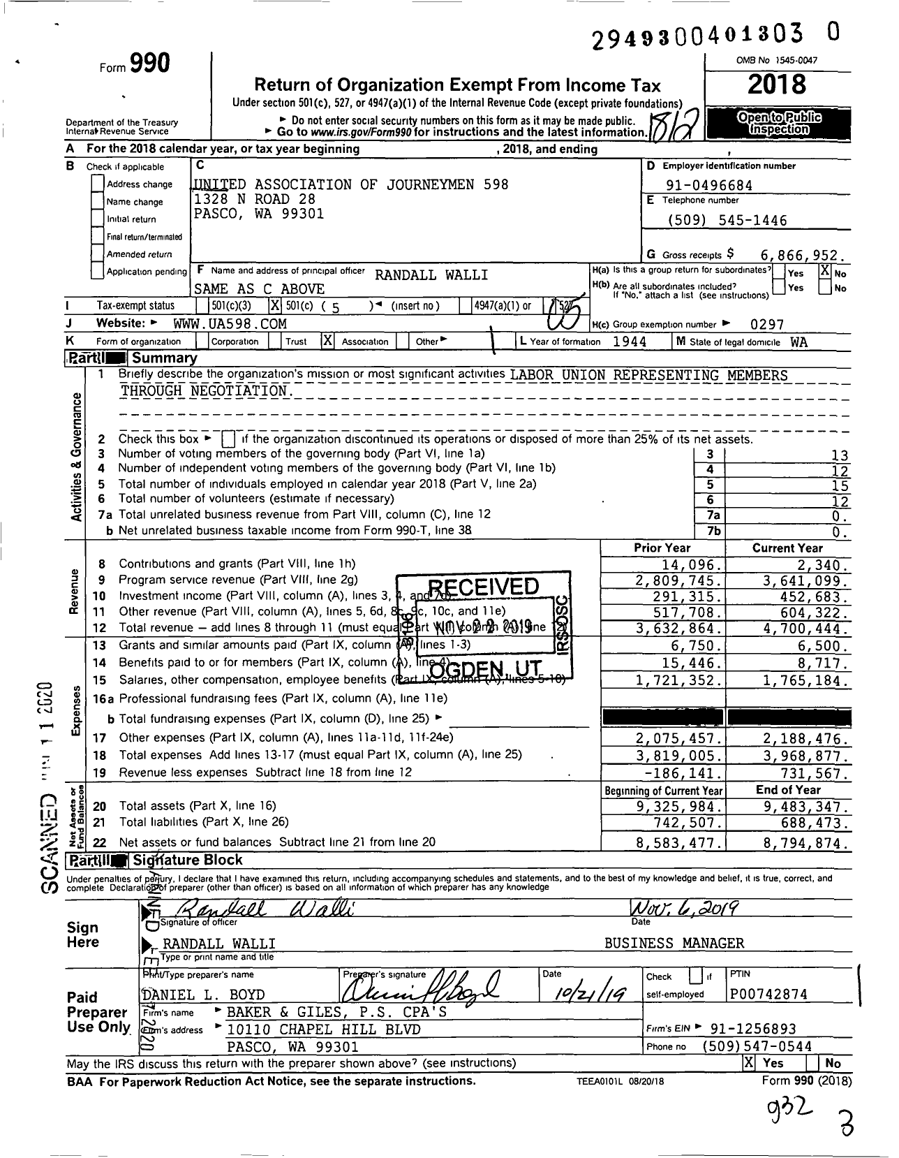 Image of first page of 2018 Form 990O for United Association of Joruneymen 598