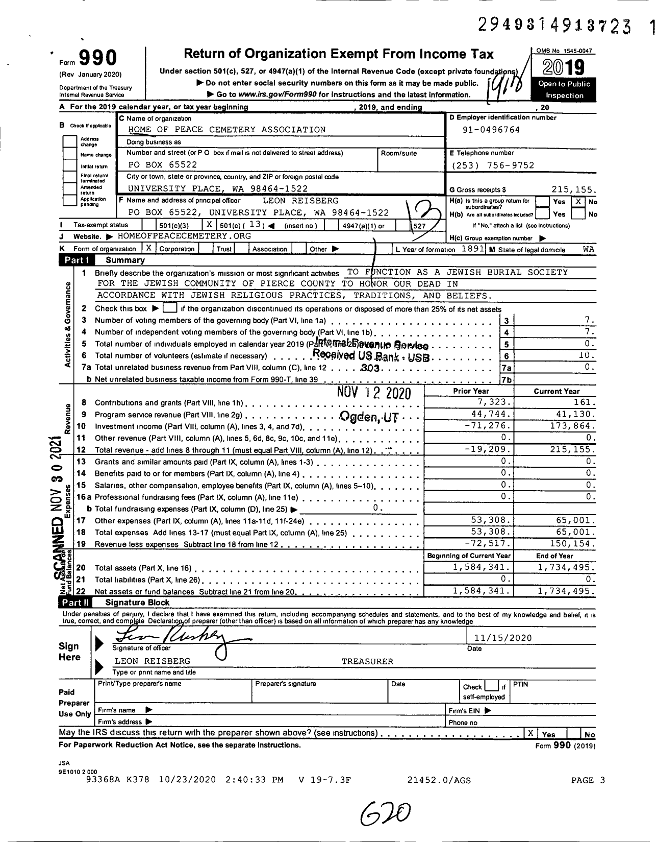 Image of first page of 2019 Form 990O for Home of Peace Cemetery Association