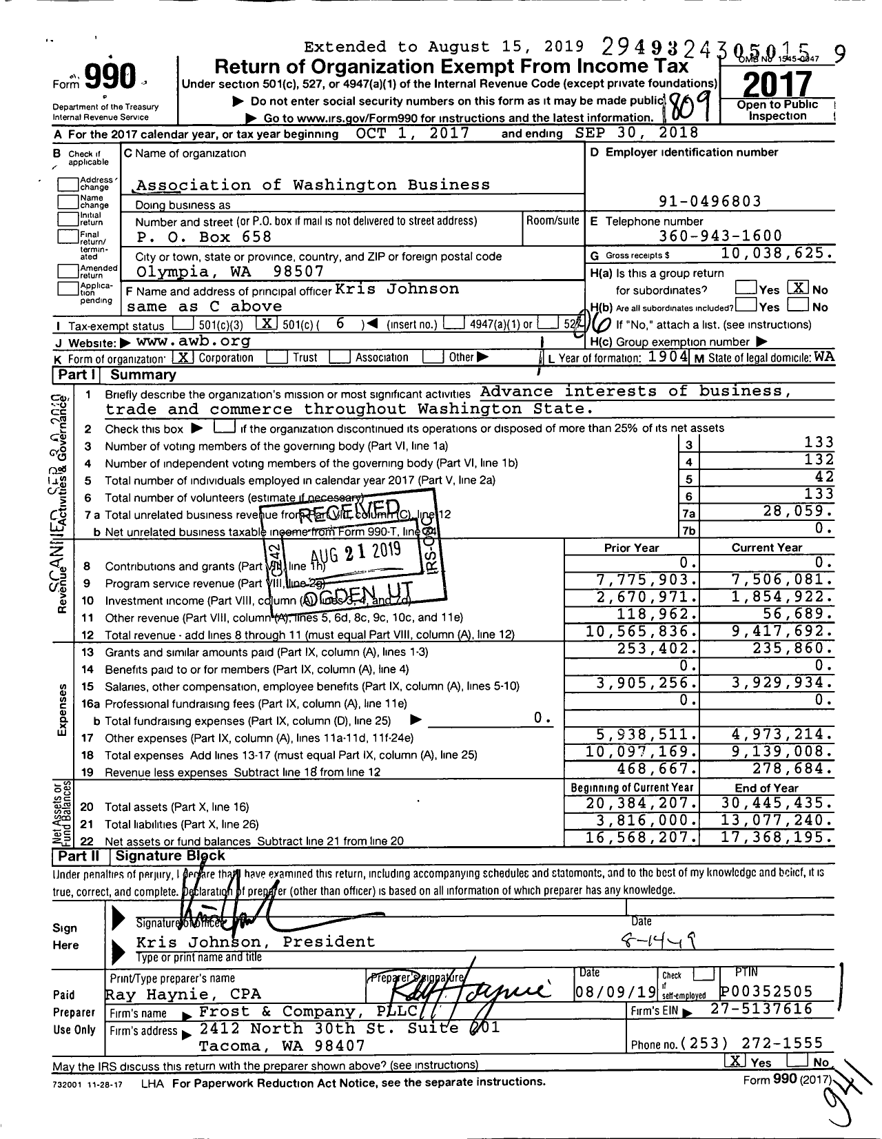 Image of first page of 2017 Form 990O for Association of Washington Business