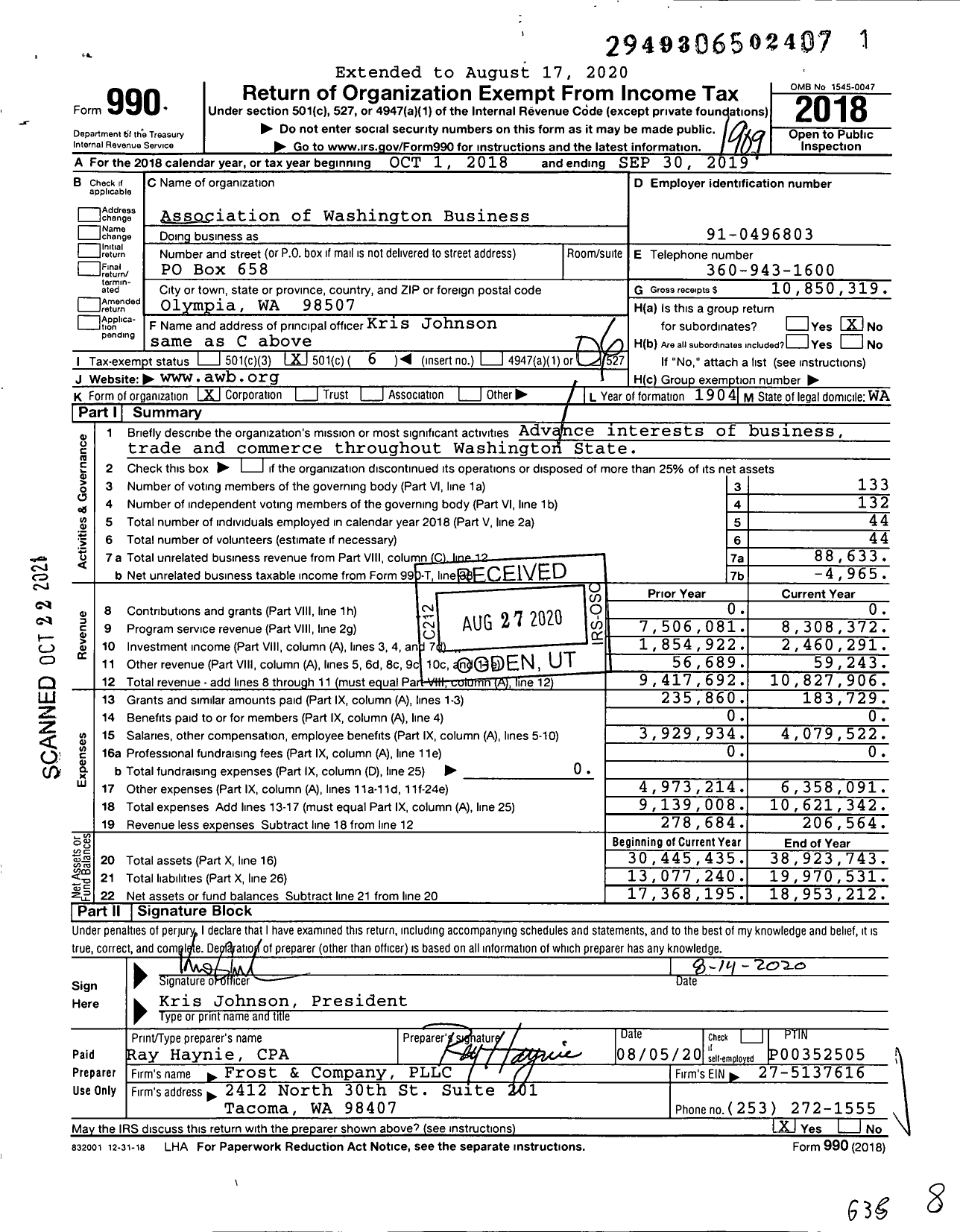 Image of first page of 2018 Form 990O for Association of Washington Business