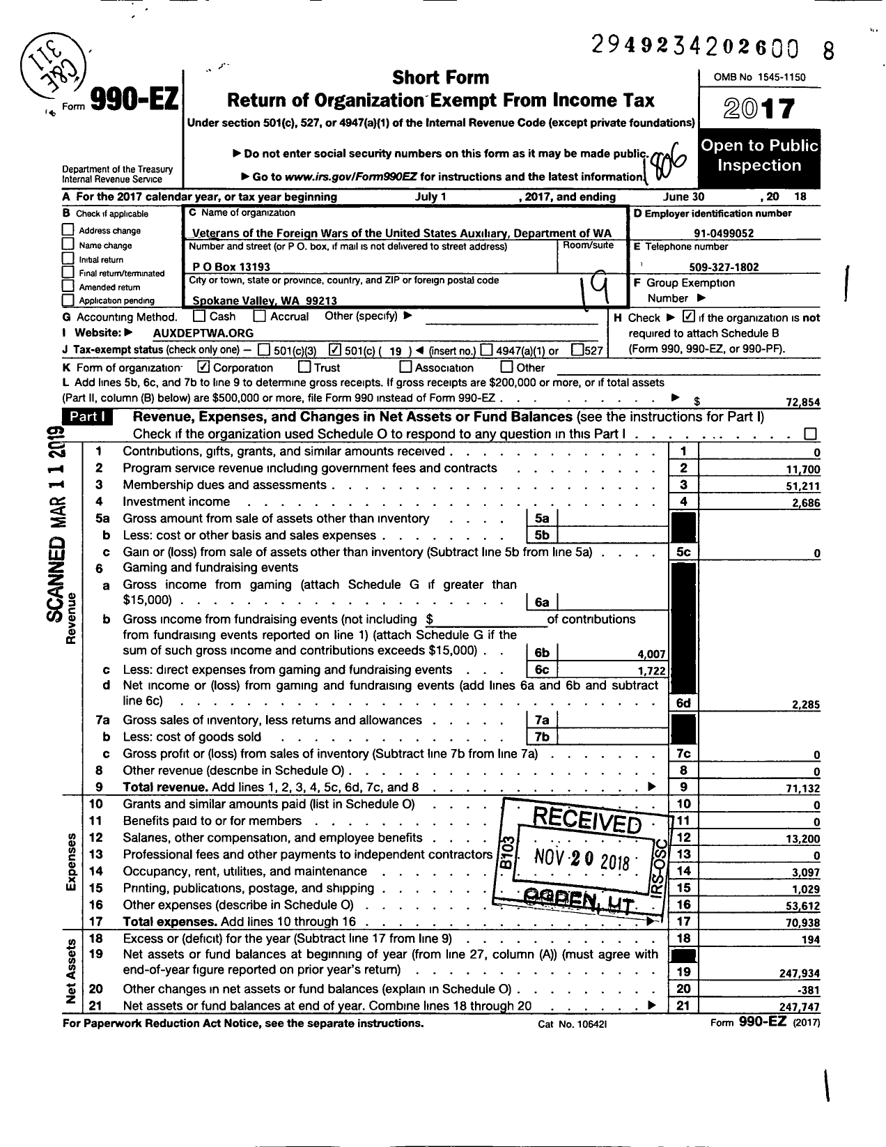 Image of first page of 2017 Form 990EO for Veterans of the Foreign Wars of the United States Auxiliary Department of WA