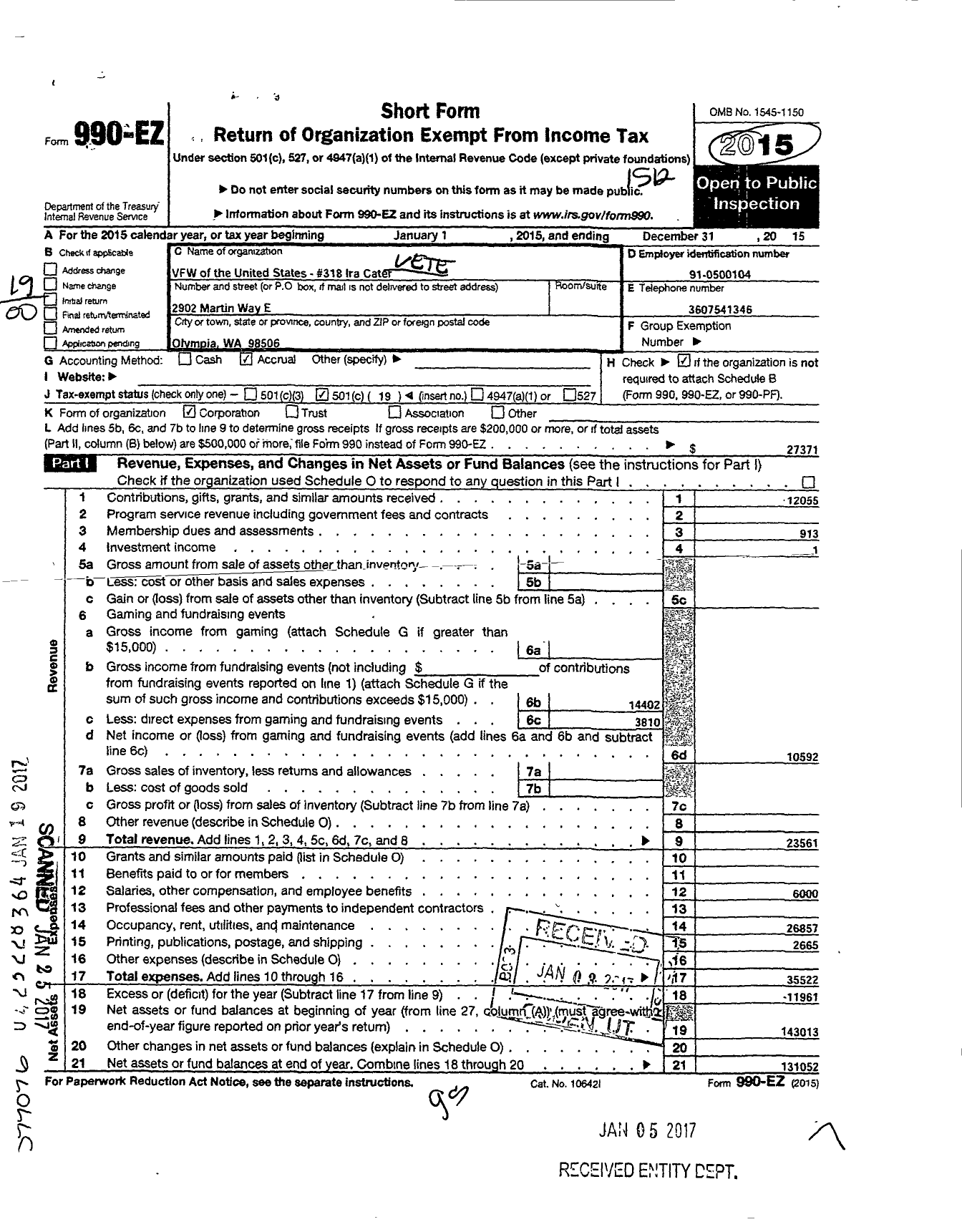 Image of first page of 2015 Form 990EO for VFW Department of Washington - 318 Ira Cater