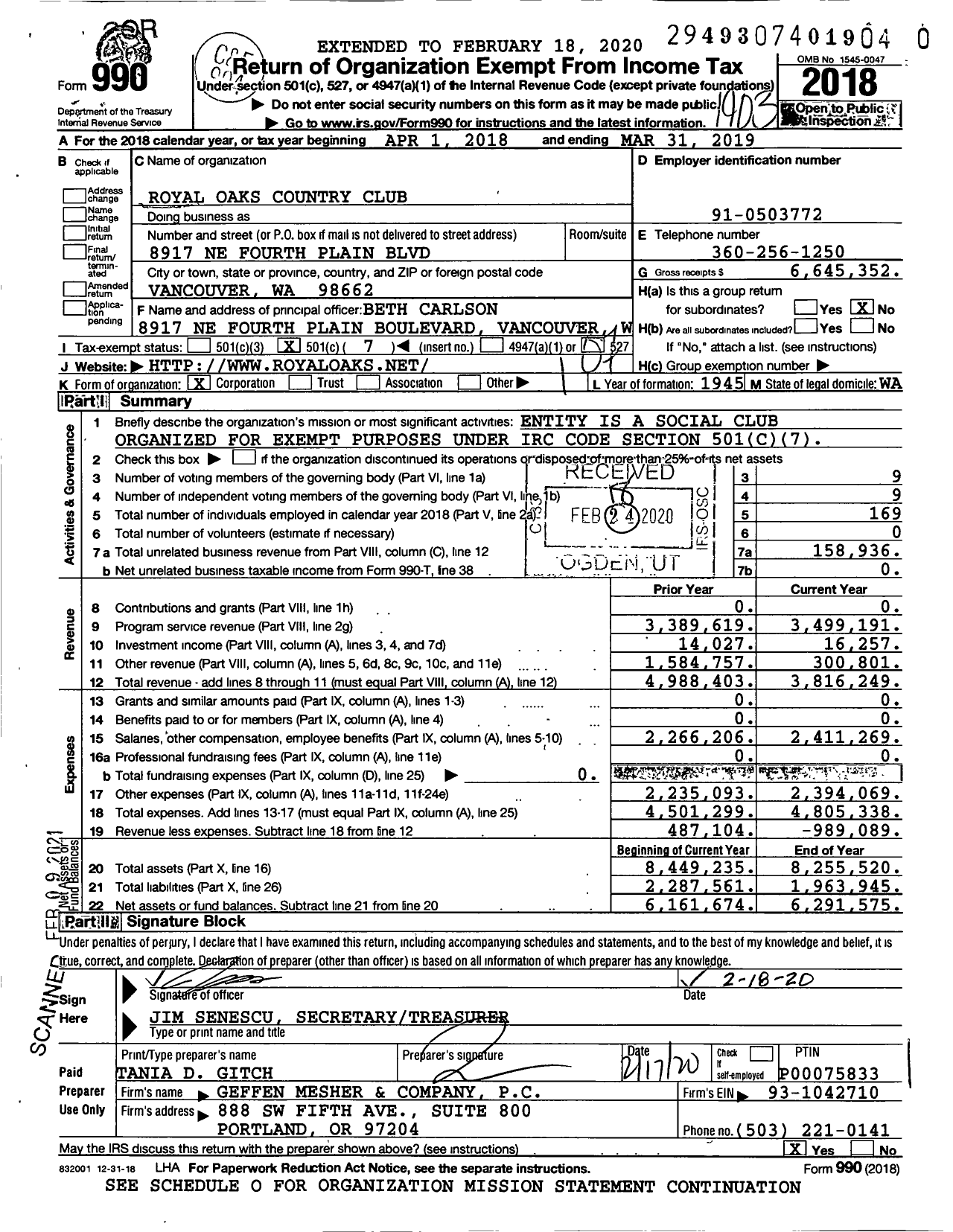 Image of first page of 2018 Form 990O for Royal Oaks Country Club