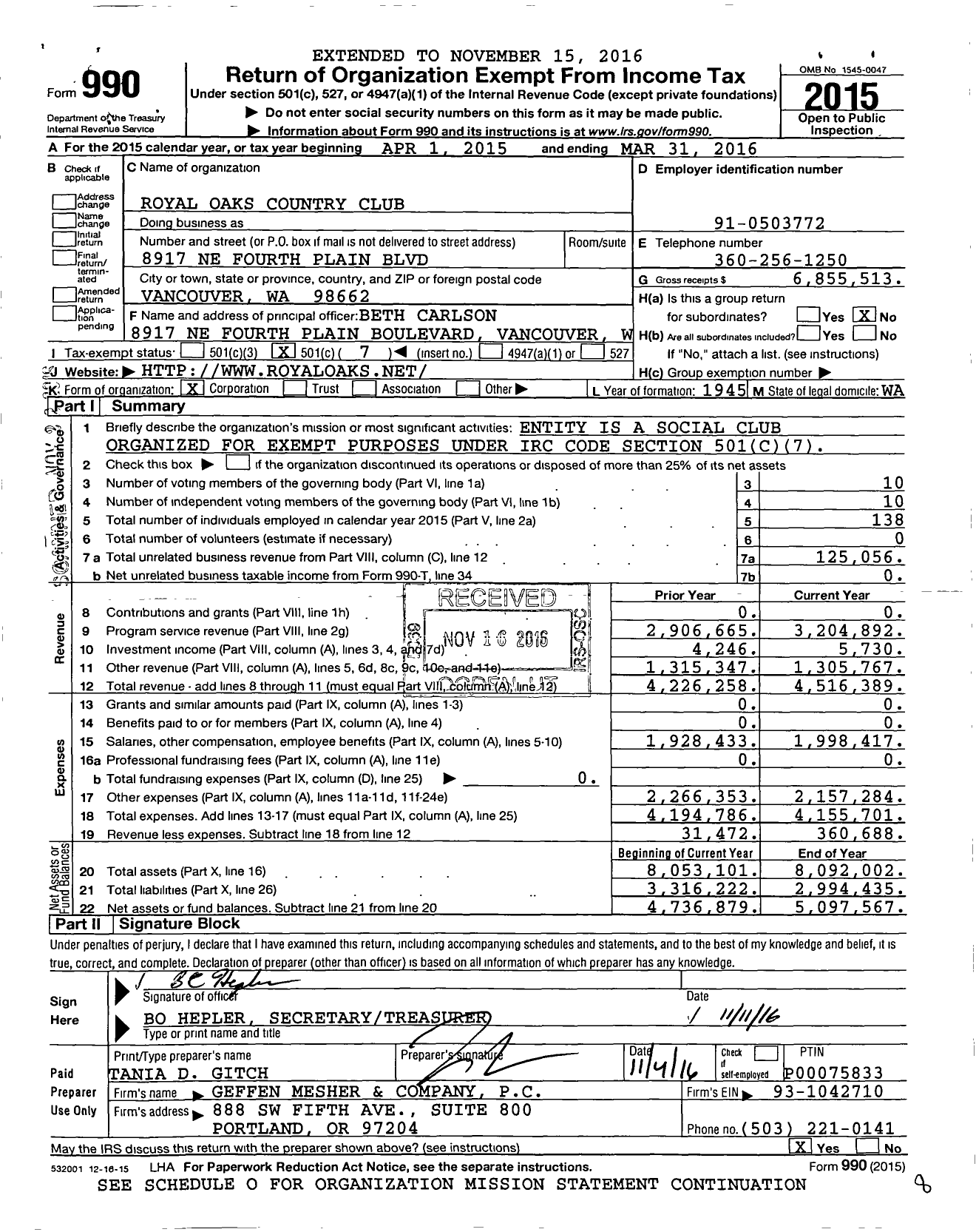 Image of first page of 2015 Form 990O for Royal Oaks Country Club