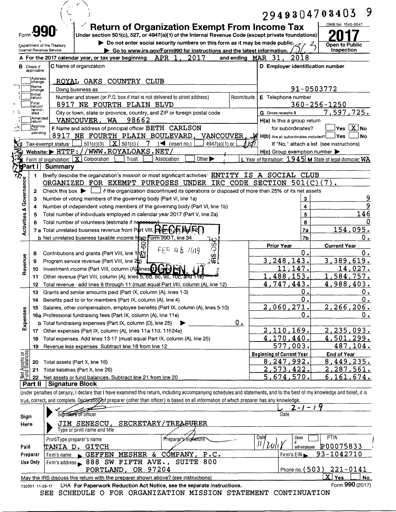 Image of first page of 2017 Form 990O for Royal Oaks Country Club
