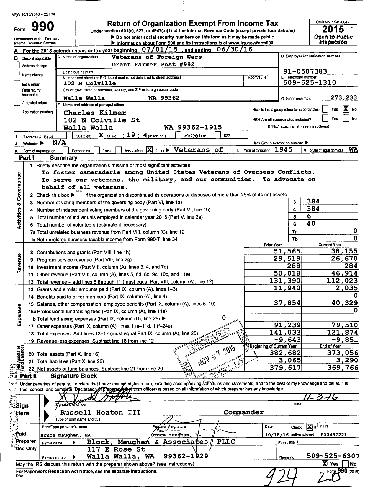 Image of first page of 2015 Form 990O for VFW Department of Washington - 992 Grant Farmer