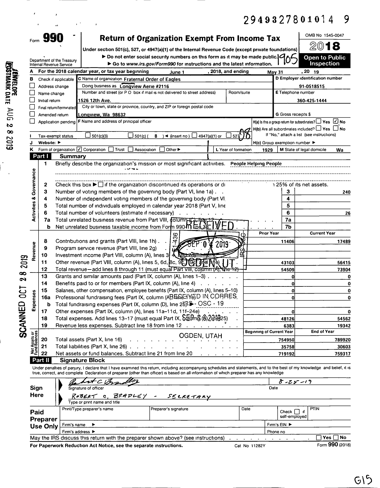 Image of first page of 2018 Form 990O for Fraternal Order of Eagles - Longview Aerie 2116