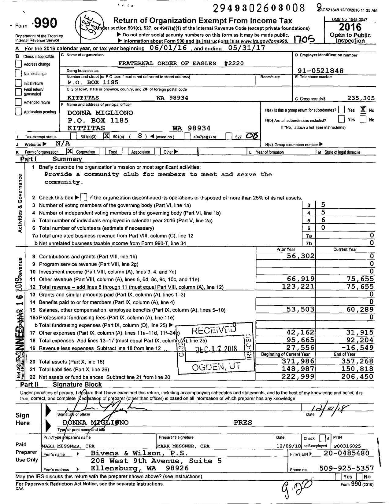 Image of first page of 2016 Form 990O for Fraternal Order of Eagles 2220