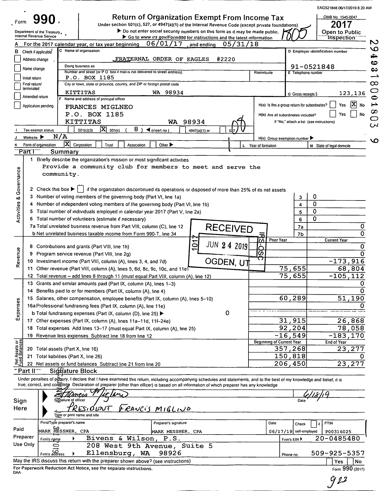 Image of first page of 2017 Form 990O for Fraternal Order of Eagles 2220