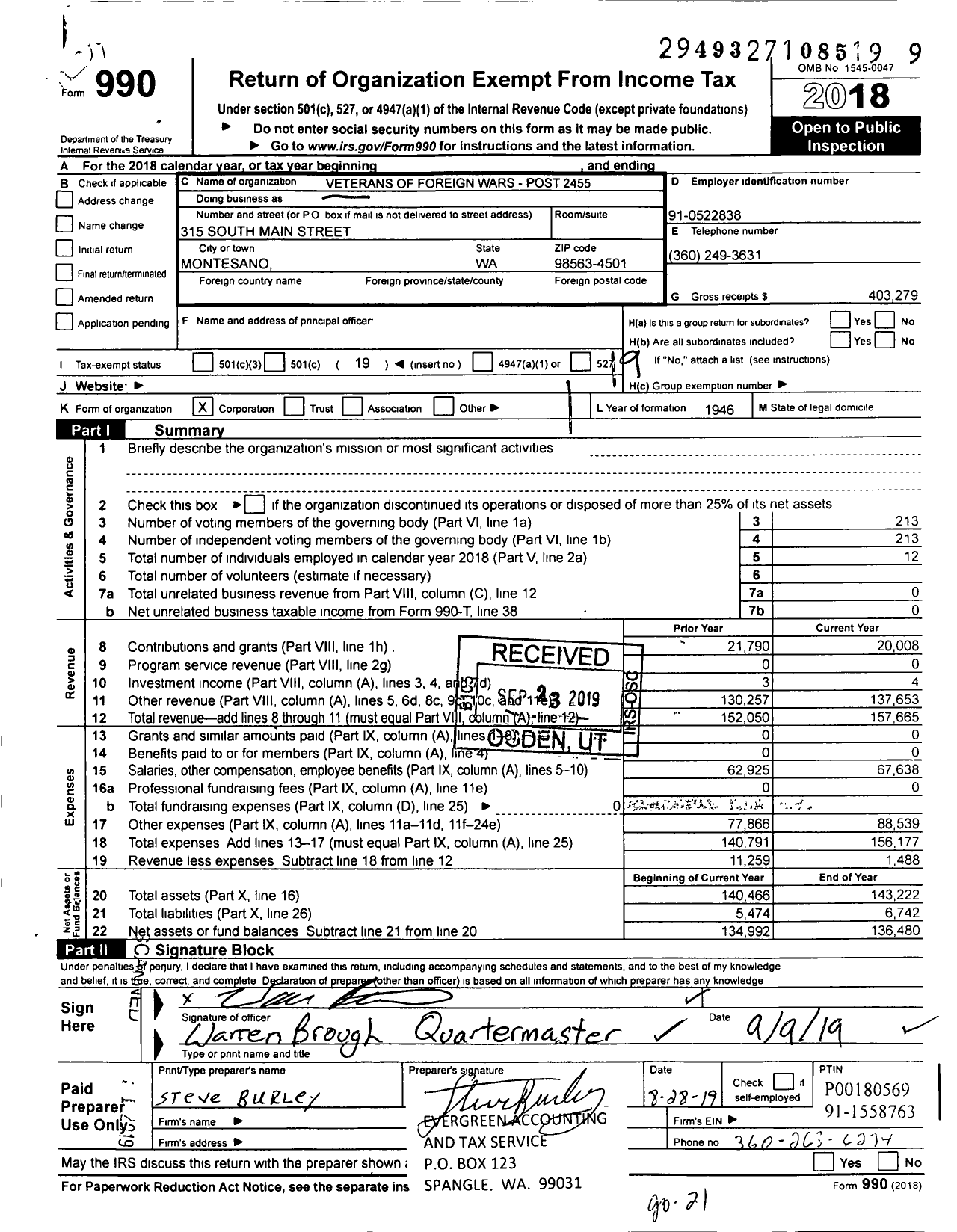 Image of first page of 2018 Form 990O for VFW Department of Washington - Veterans of Foreign Wars - Post 2455