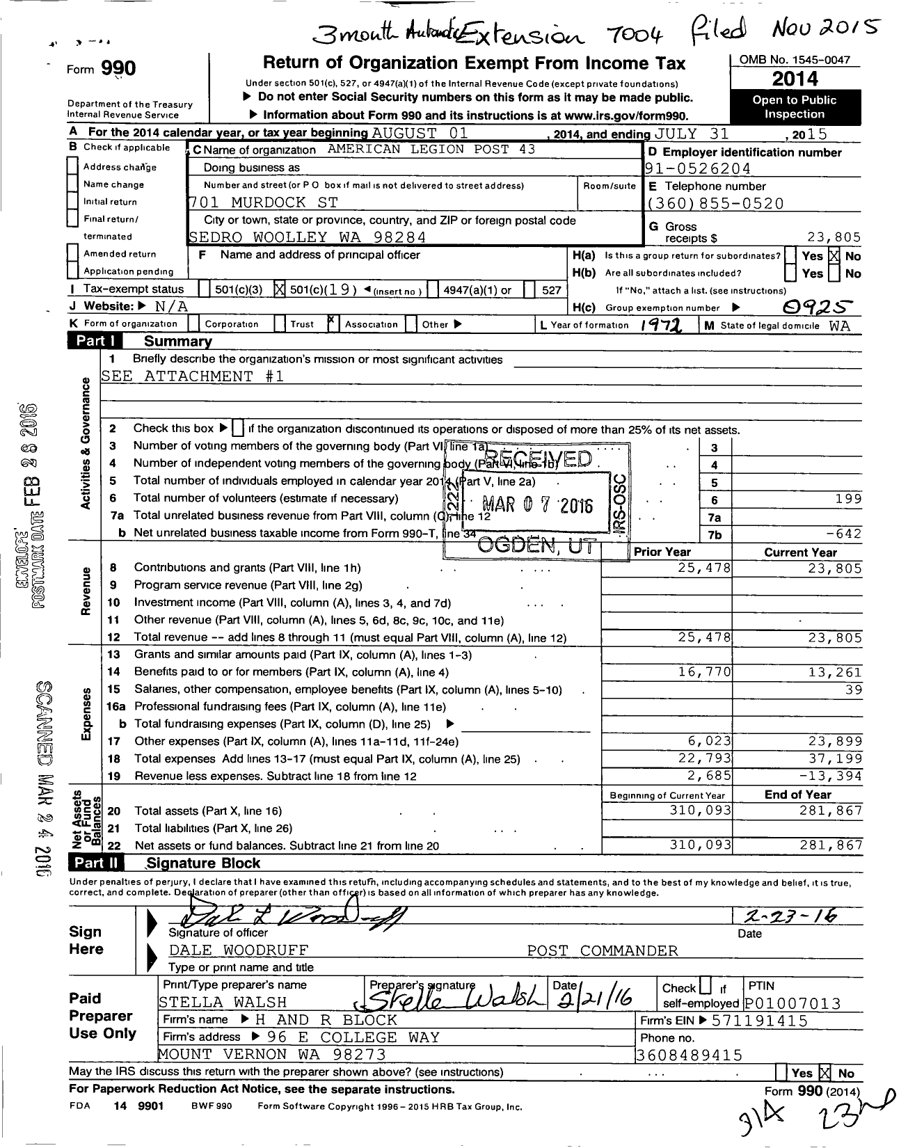 Image of first page of 2014 Form 990O for American LEGION Post 43