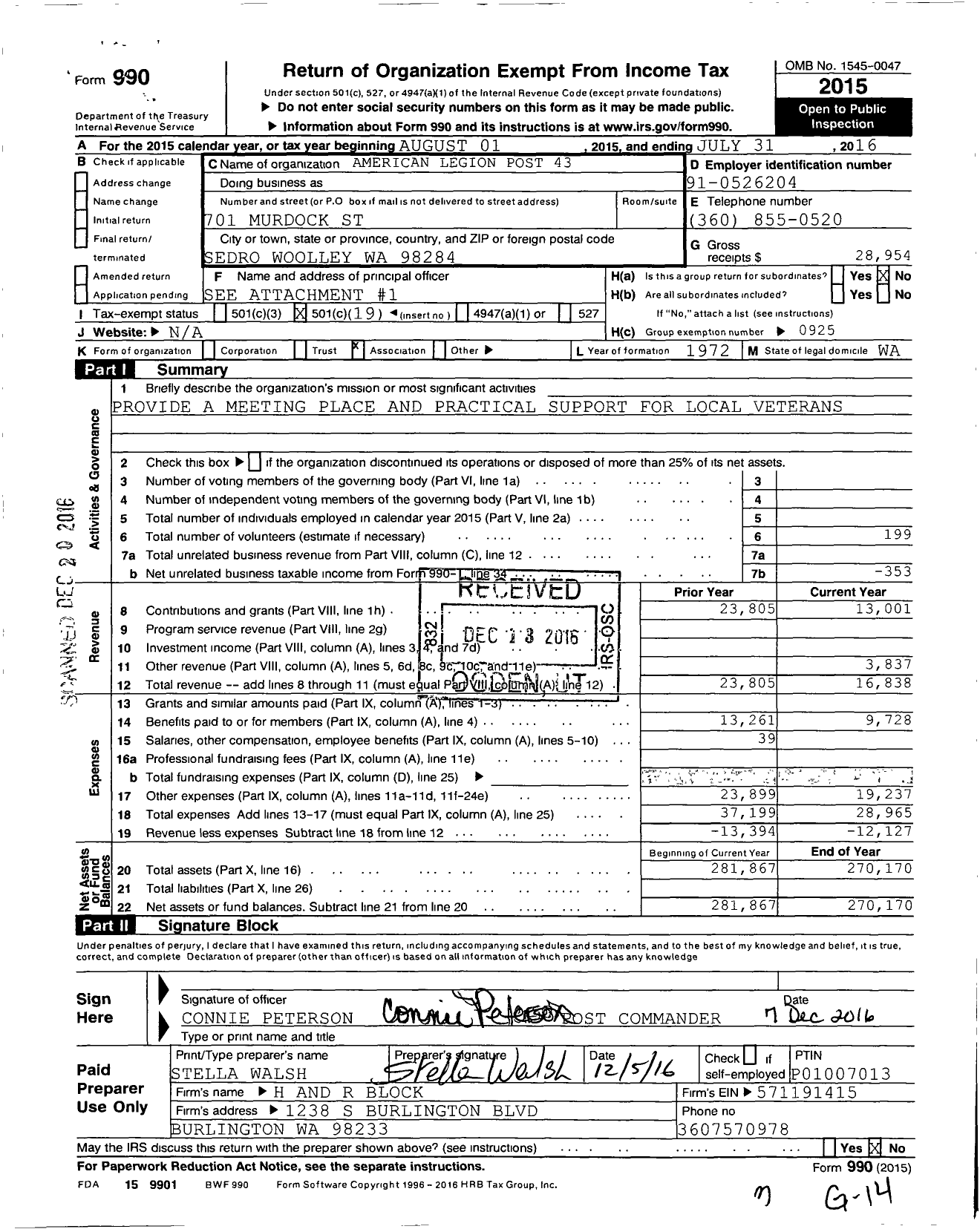 Image of first page of 2015 Form 990O for American LEGION Post 43