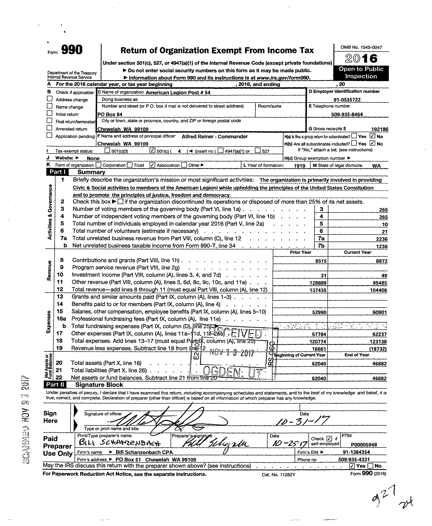 Image of first page of 2016 Form 990O for AMERICAN LEGION POST No 54