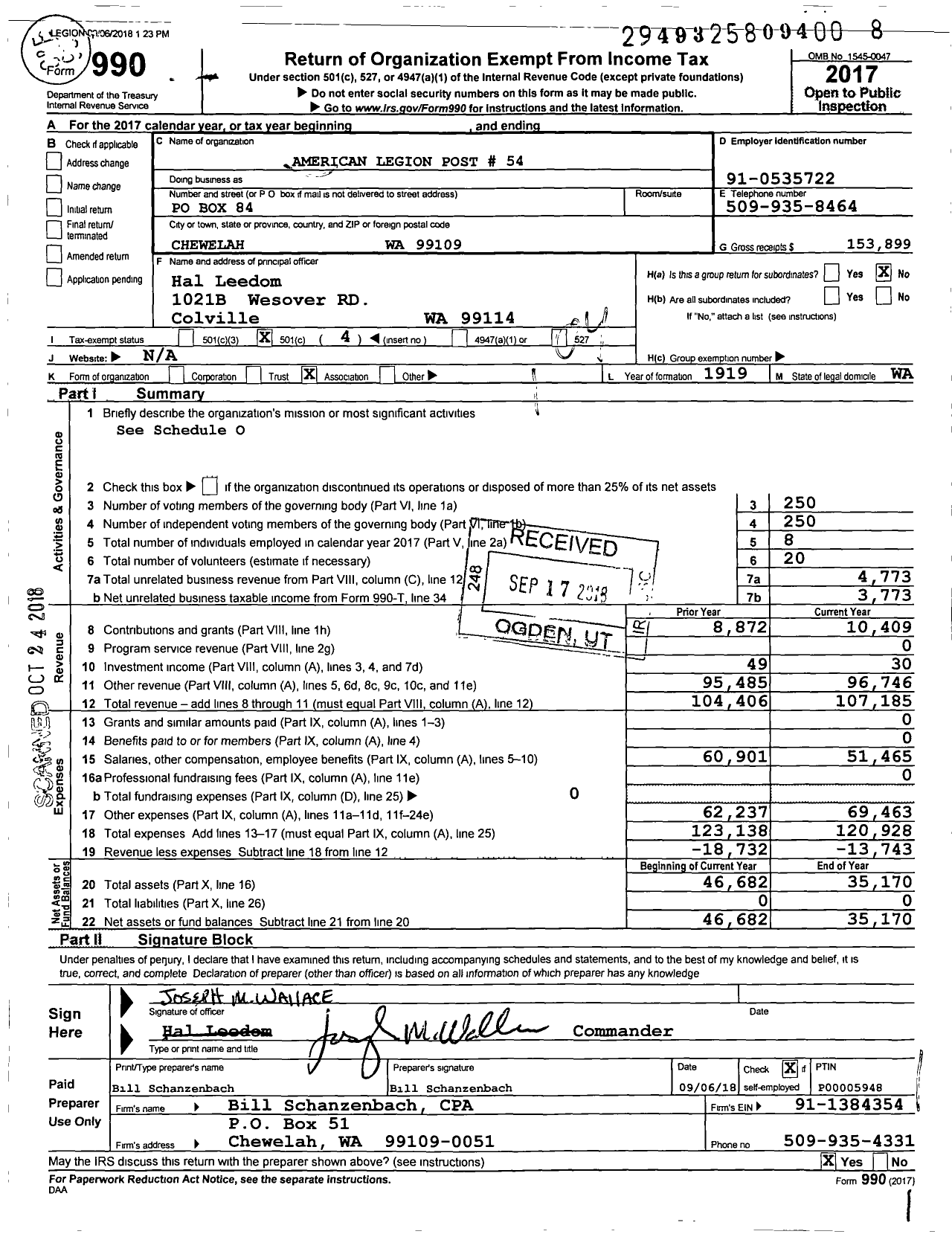 Image of first page of 2017 Form 990O for AMERICAN LEGION POST No 54