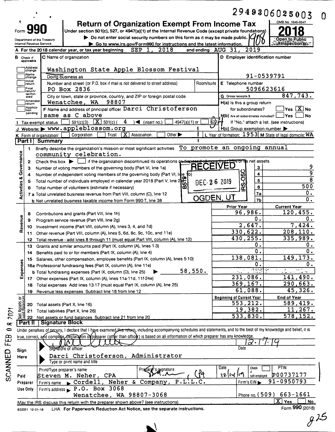 Image of first page of 2018 Form 990O for Washington State Apple Blossom Festival