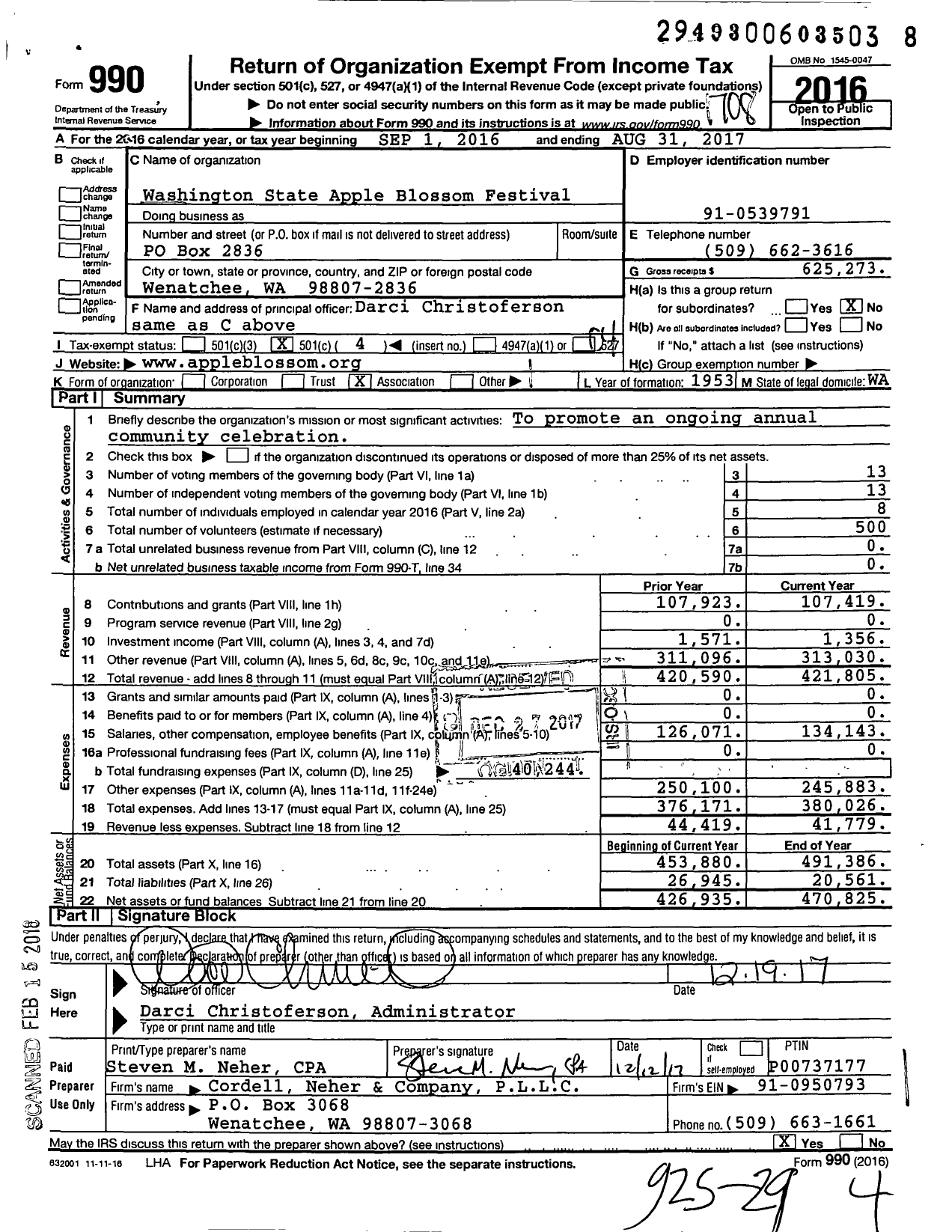 Image of first page of 2016 Form 990O for Washington State Apple Blossom Festival