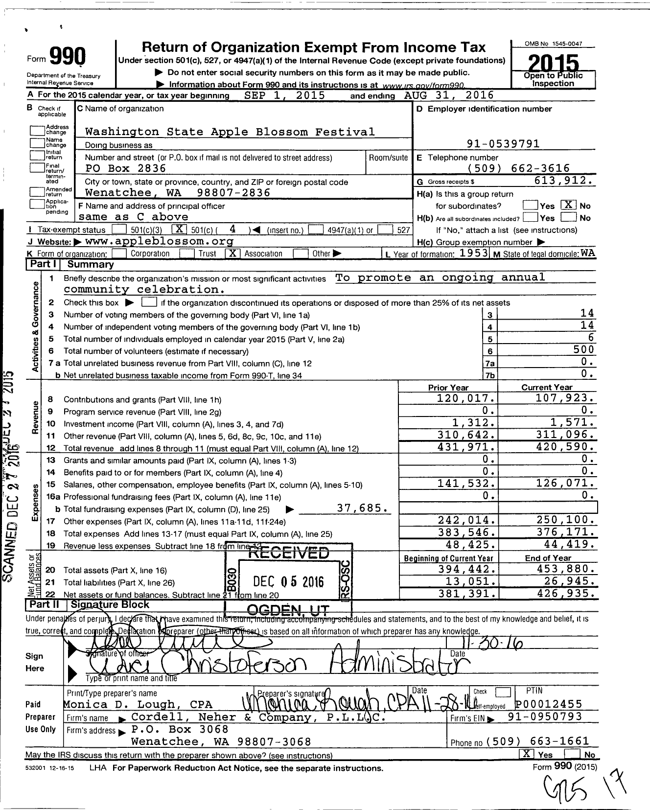 Image of first page of 2015 Form 990O for Washington State Apple Blossom Festival