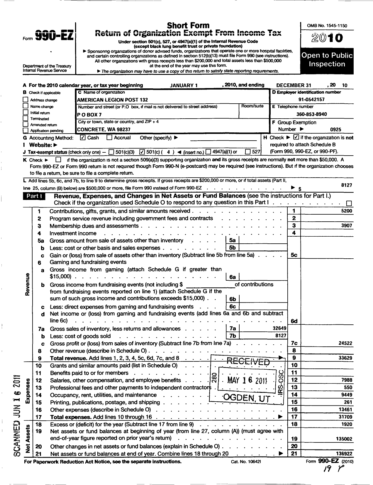 Image of first page of 2010 Form 990EO for American Legion Post 132