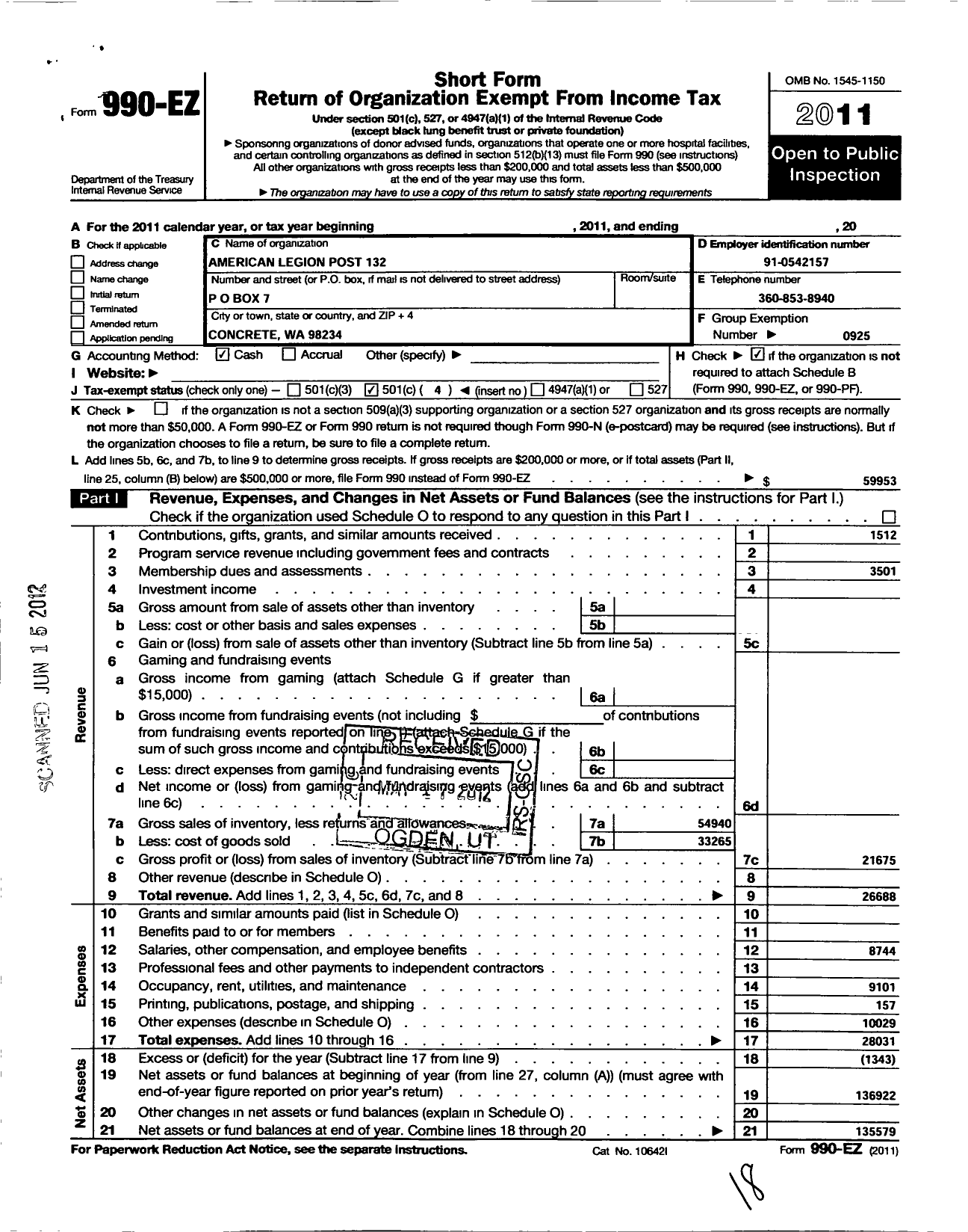 Image of first page of 2011 Form 990EO for American Legion Post 132