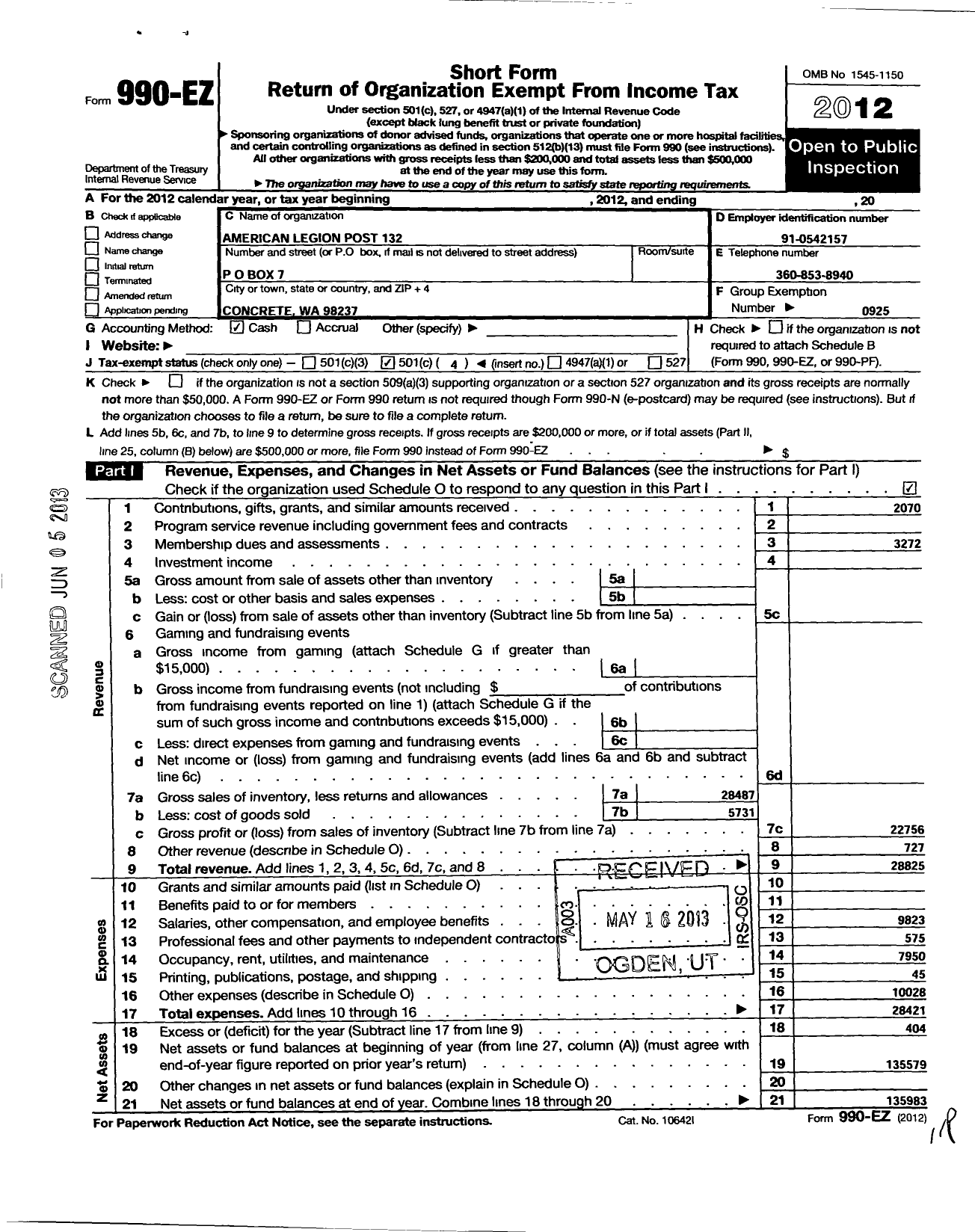 Image of first page of 2012 Form 990EO for American Legion Post 132