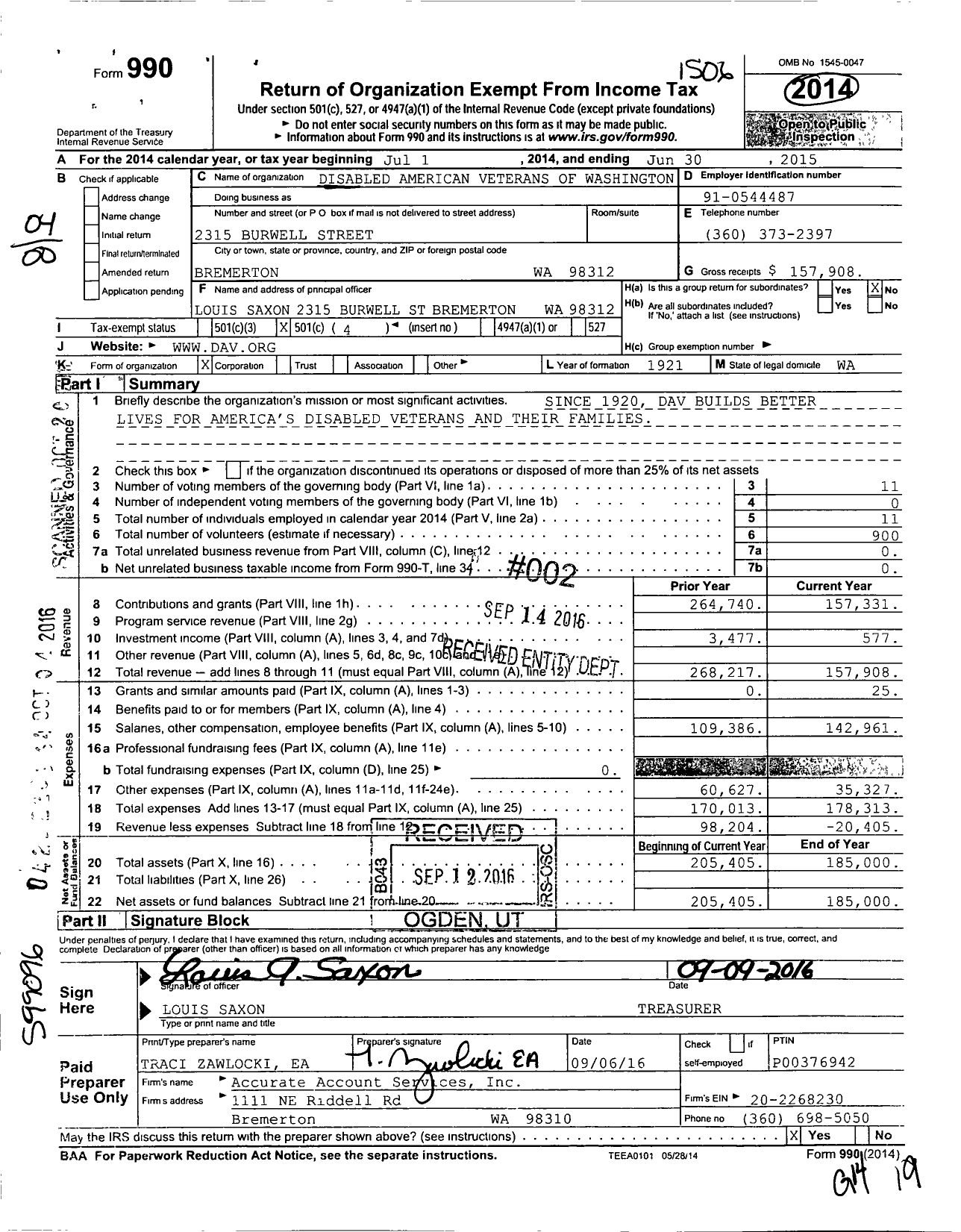 Image of first page of 2014 Form 990O for Disabled American Veterans of Washington