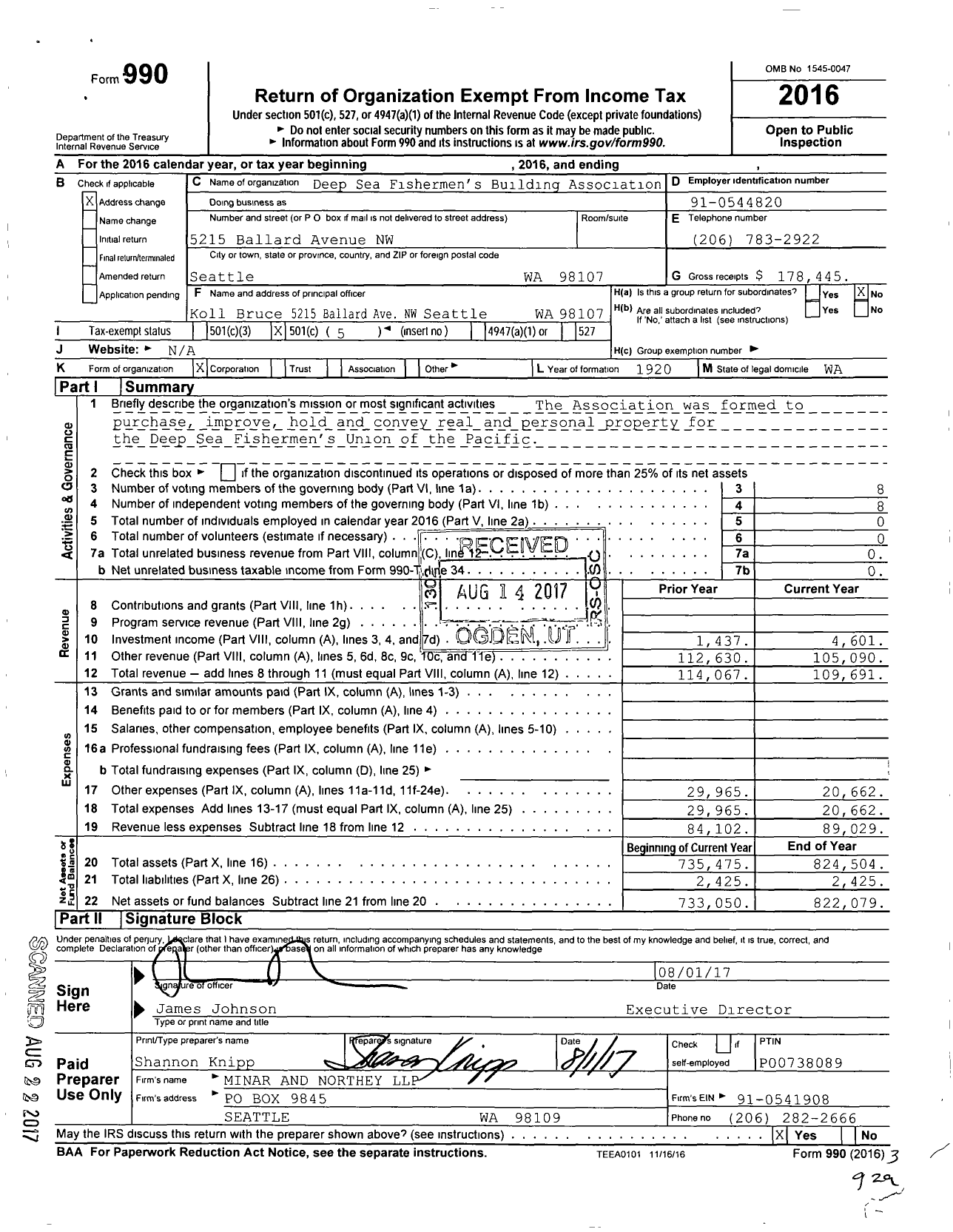Image of first page of 2016 Form 990O for Deep Sea Fishermen's Building Association