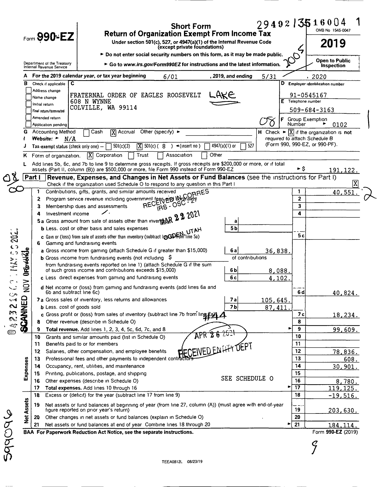 Image of first page of 2019 Form 990EO for Fraternal Order of Eagles - 2797 Aerie