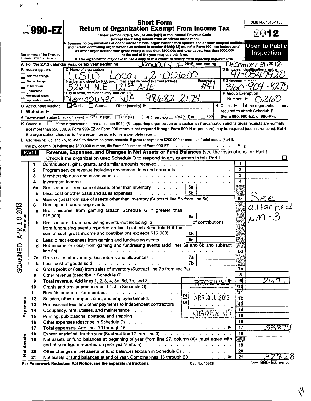 Image of first page of 2012 Form 990EZ for United Steelworkers - 12-00600 Local