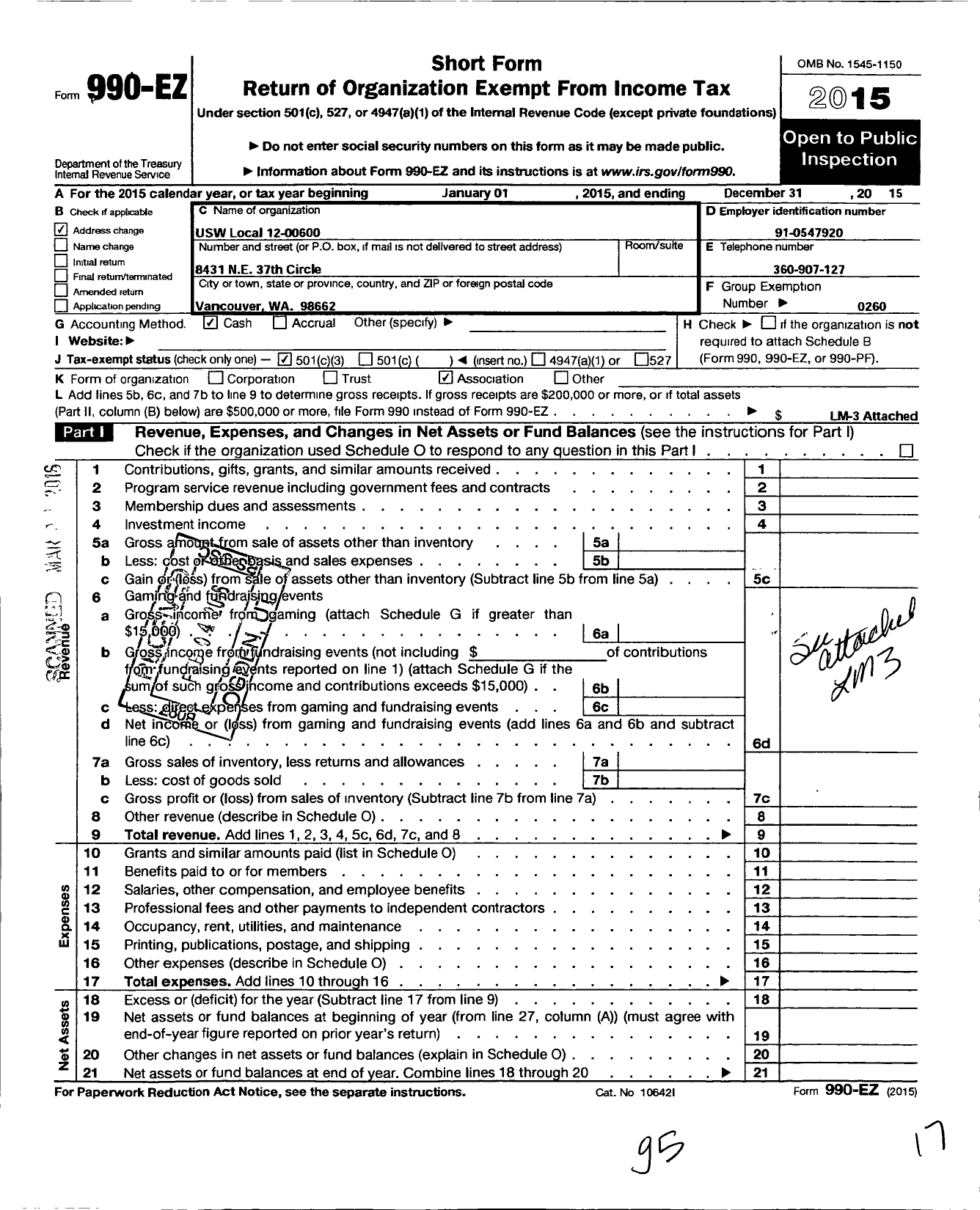 Image of first page of 2015 Form 990EZ for United Steelworkers - 12-00600 Local