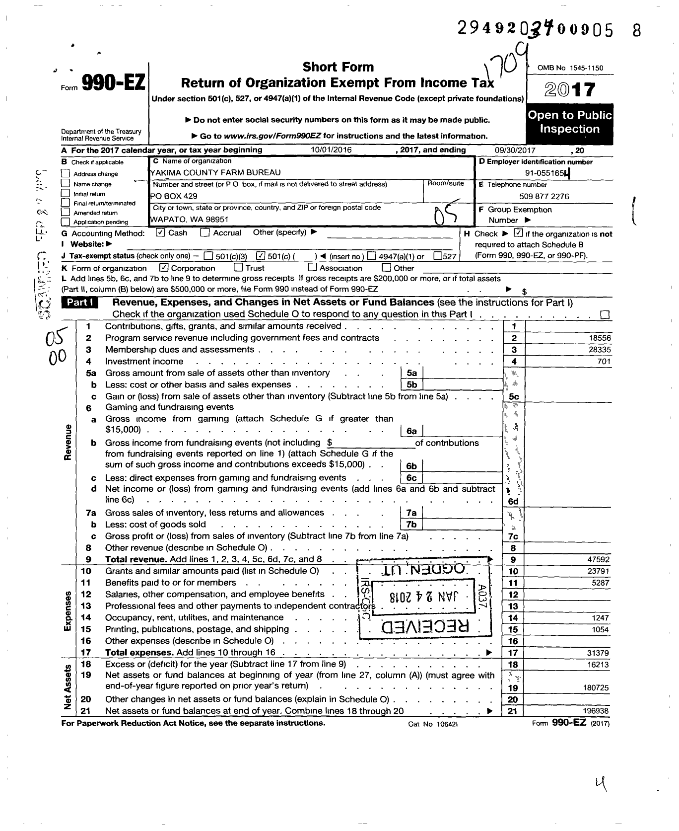 Image of first page of 2016 Form 990EO for Yakima County Farm Bureau