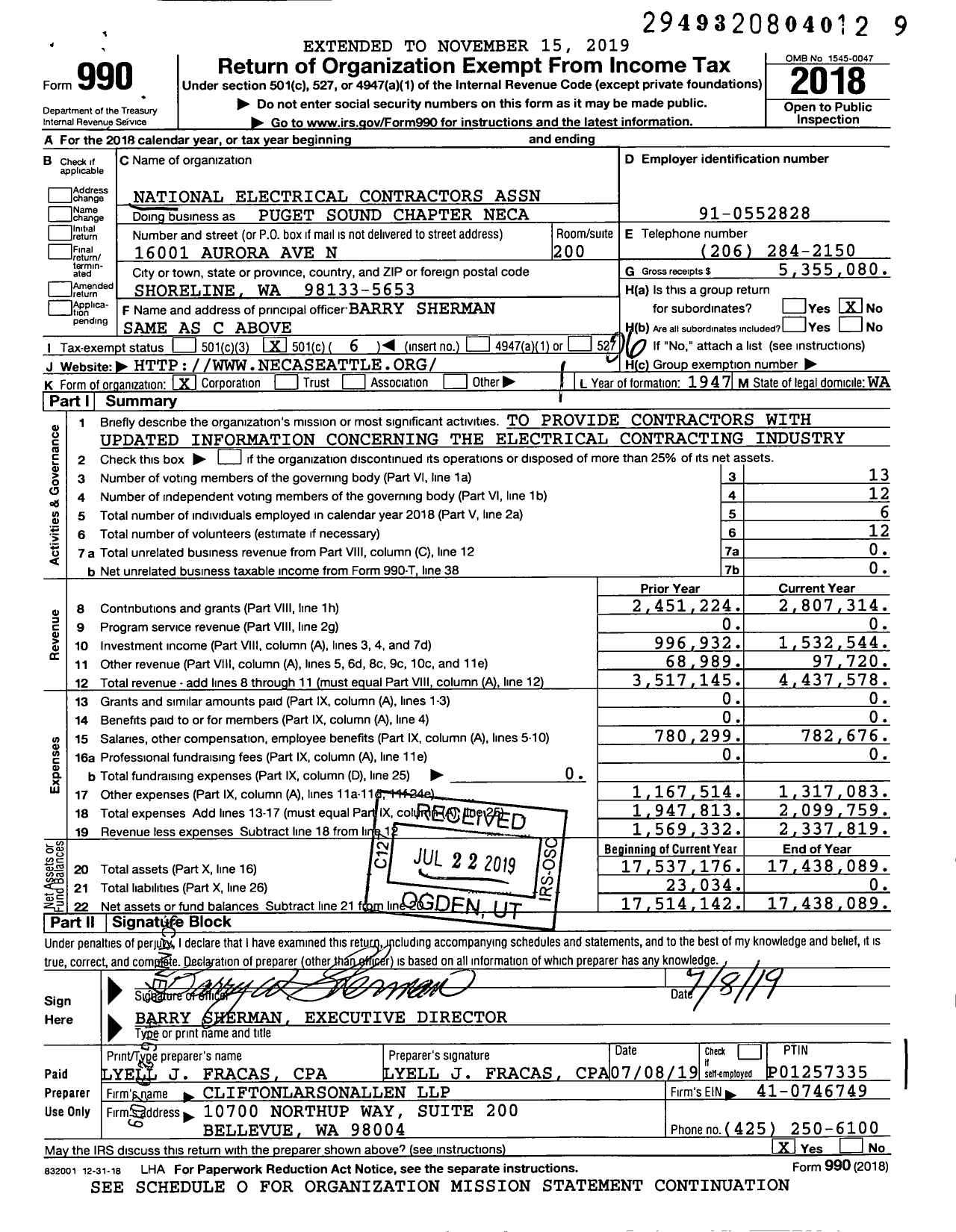 Image of first page of 2018 Form 990O for Puget Sound Chapter Neca (NECA)