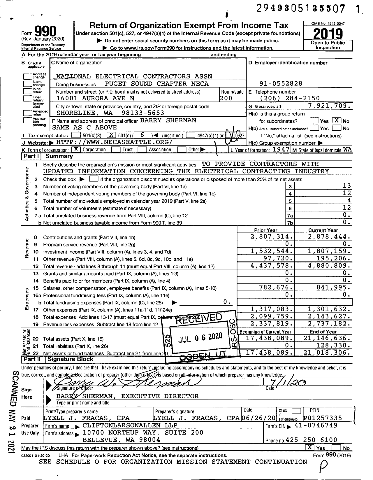 Image of first page of 2019 Form 990O for Puget Sound Chapter Neca (NECA)