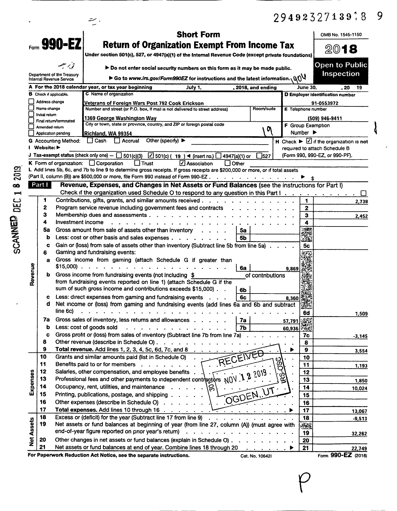 Image of first page of 2018 Form 990EO for VFW Department of Washington - Veterans of Foreign Wars Post 7952