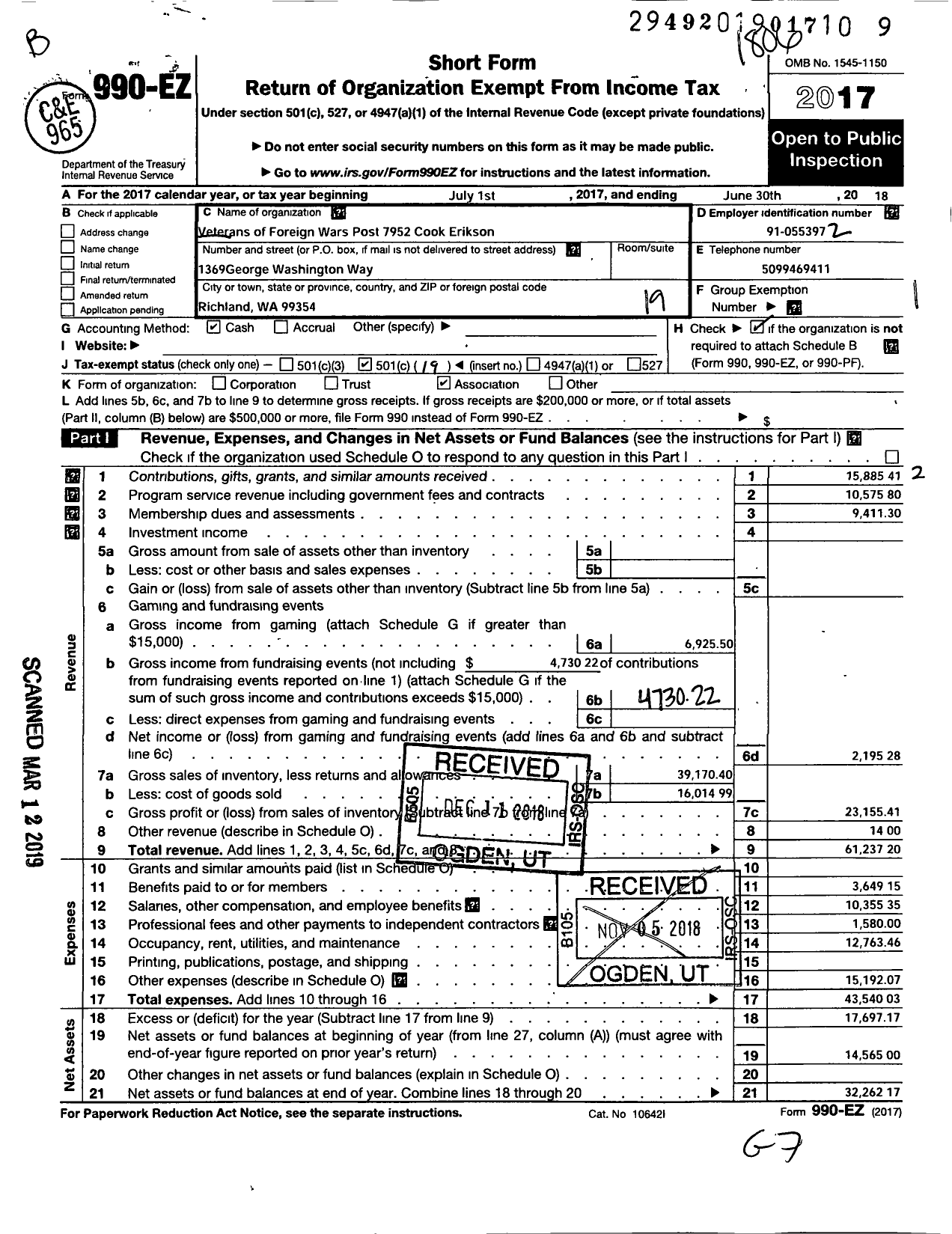 Image of first page of 2017 Form 990EO for VFW Department of Washington - Veterans of Foreign Wars Post 7952