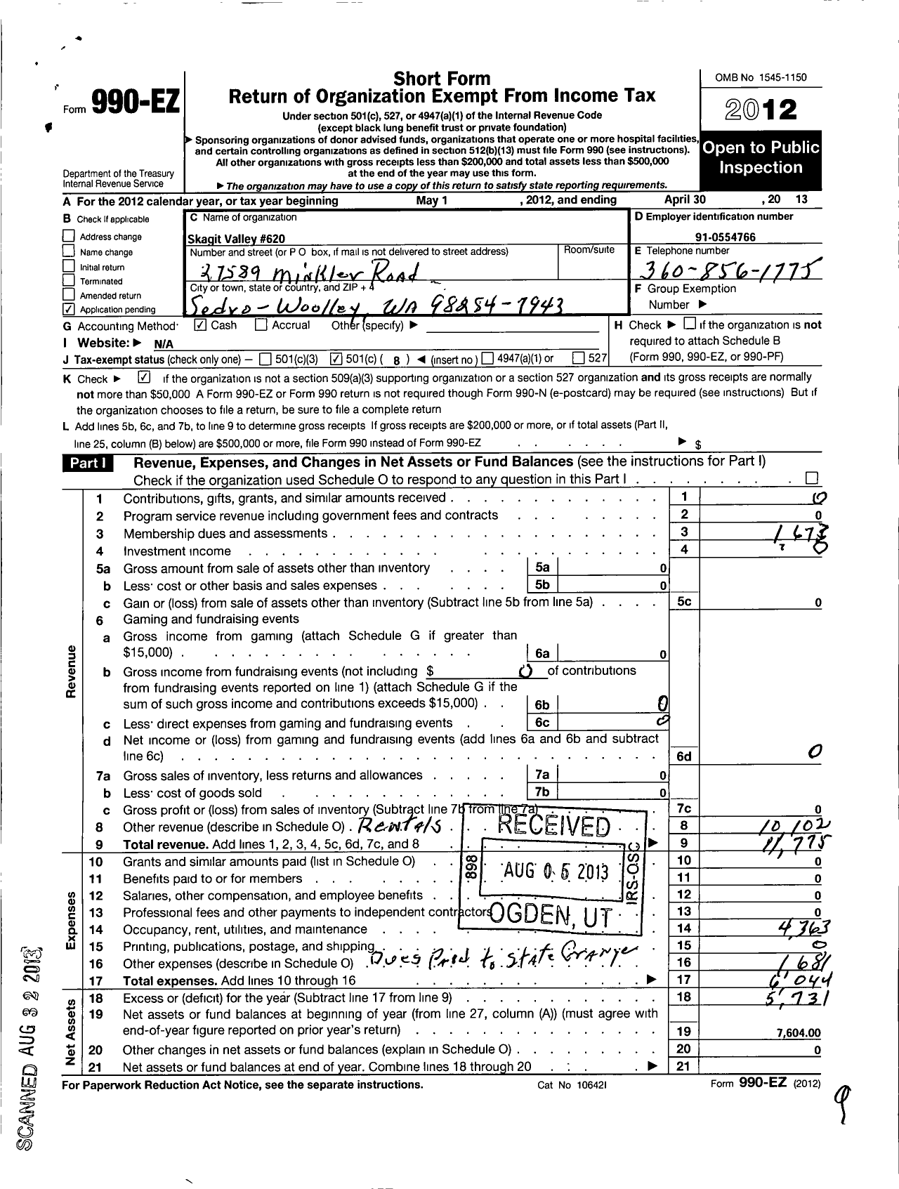 Image of first page of 2012 Form 990EO for Washington State Grange / 620 Skagit Valley