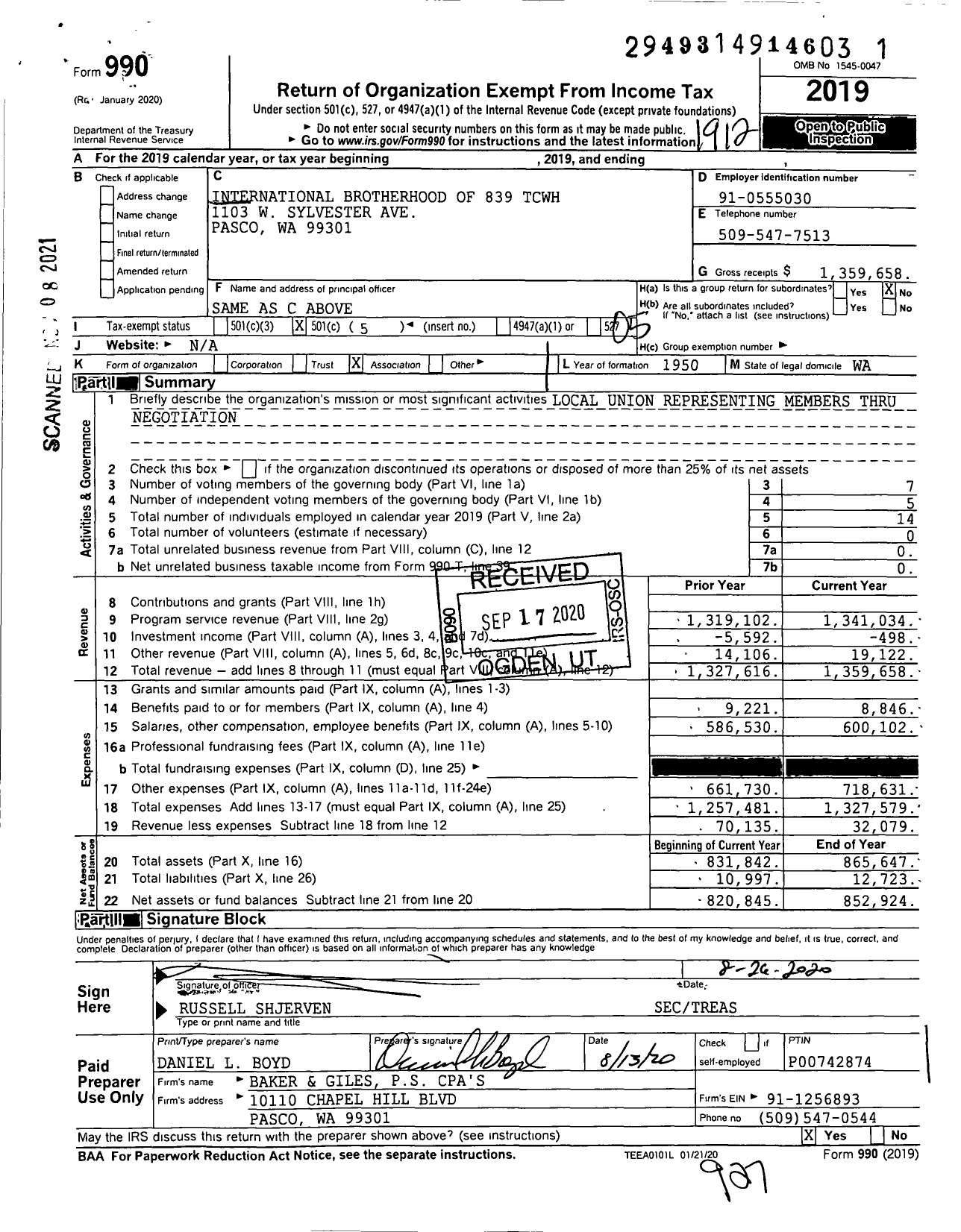 Image of first page of 2019 Form 990O for Teamsters - 839 TCWH