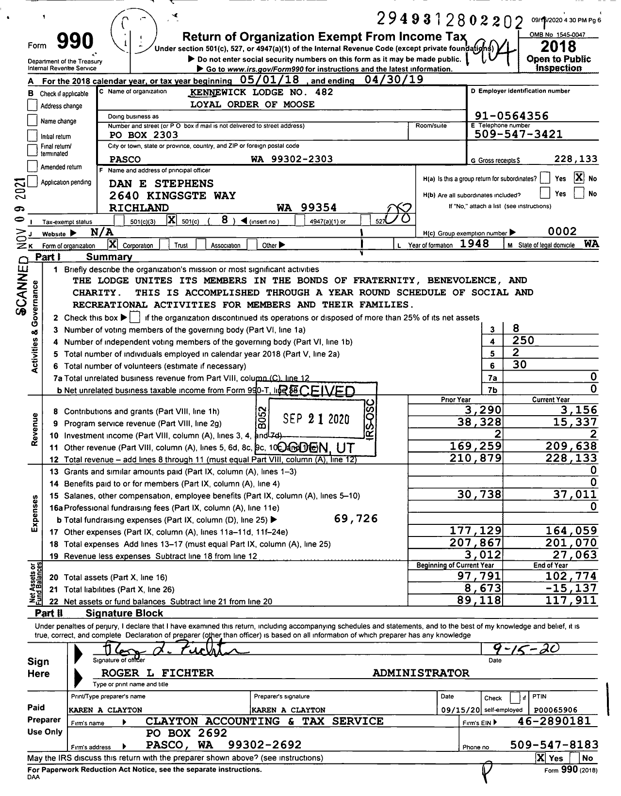 Image of first page of 2018 Form 990O for Loyal Order of Moose - 482