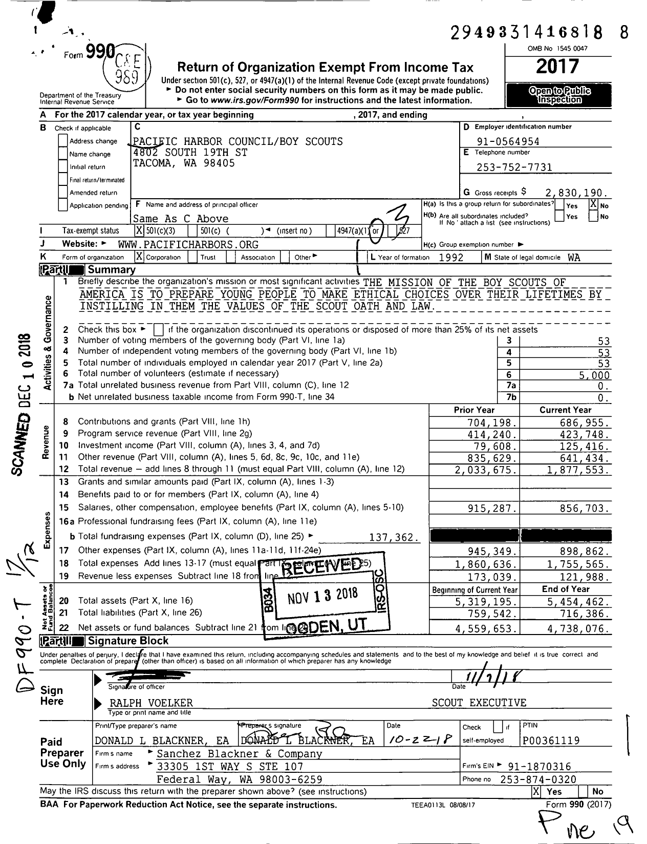 Image of first page of 2017 Form 990 for Boy Scouts of America - 612 Pacific Harbors Council