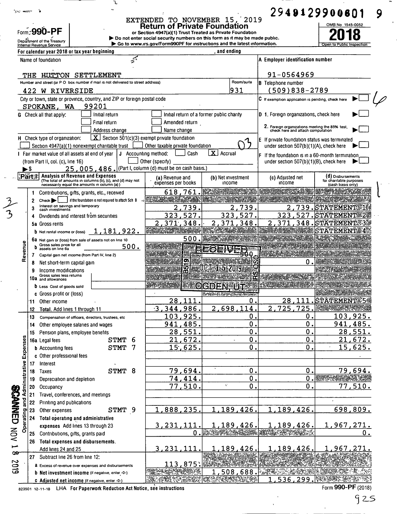 Image of first page of 2018 Form 990PF for The Hutton Settlement